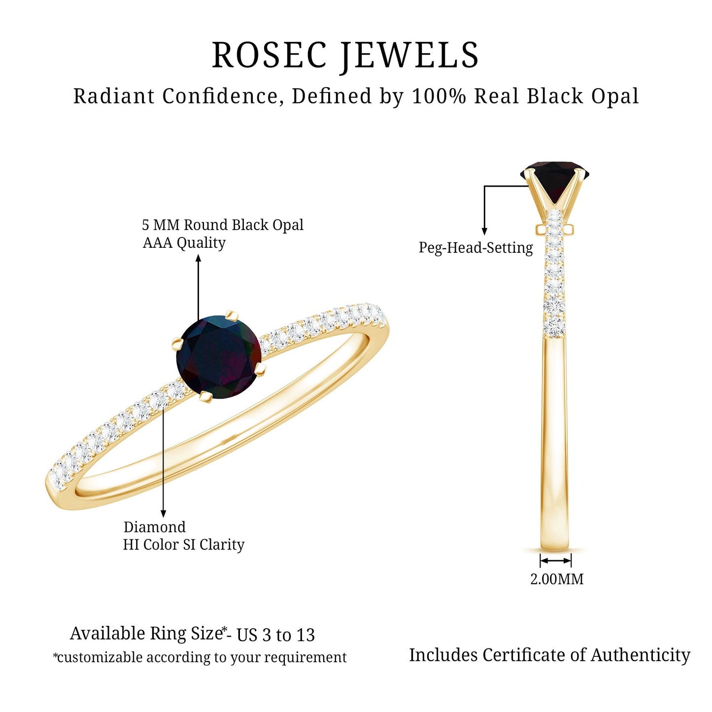 0.4 Carat Round Black Opal Solitaire Engagement Ring with Diamond