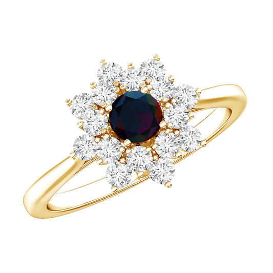 Black Opal and Diamond Flower Cluster Engagement Ring
