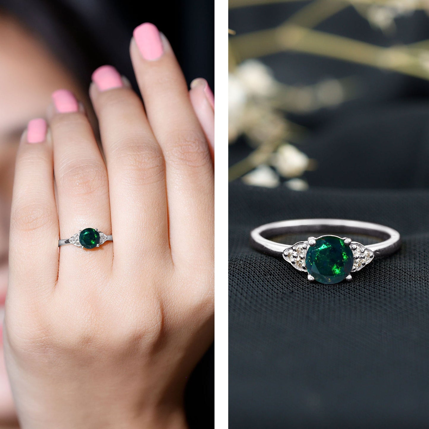 Real Black Opal Round Engagement Ring with Diamond Trio