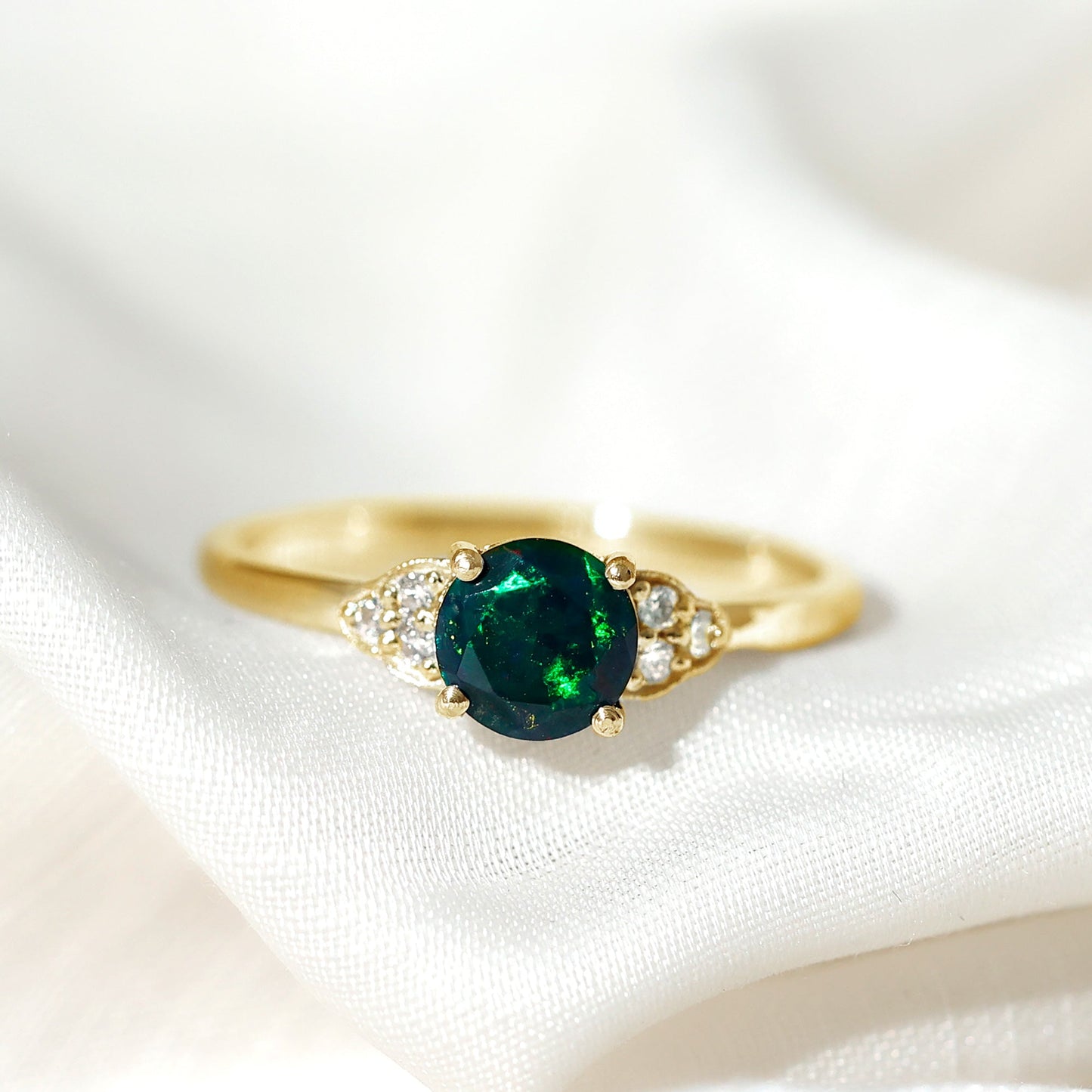 Real Black Opal Round Engagement Ring with Diamond Trio