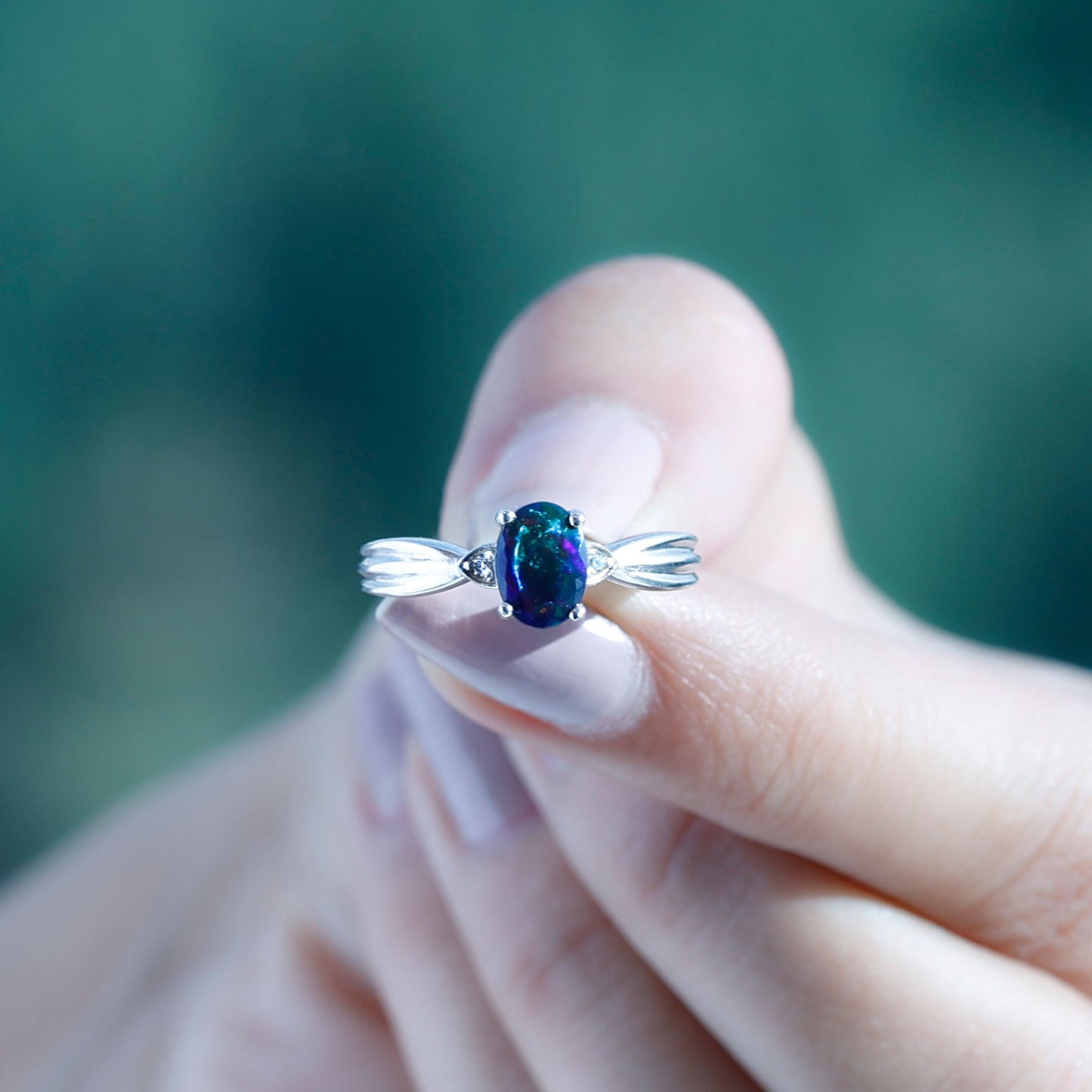 Oval Cut Natural Black Opal Designer Ring with Diamond