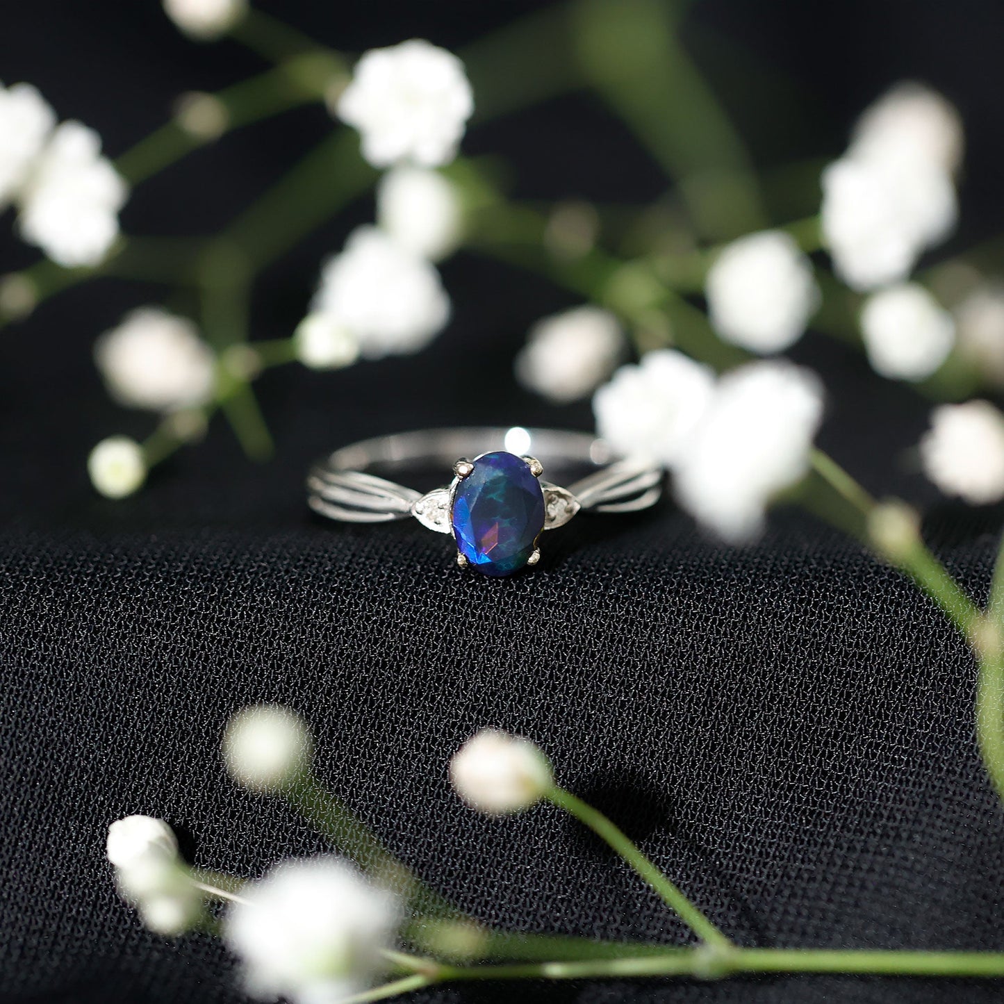 Oval Cut Natural Black Opal Designer Ring with Diamond