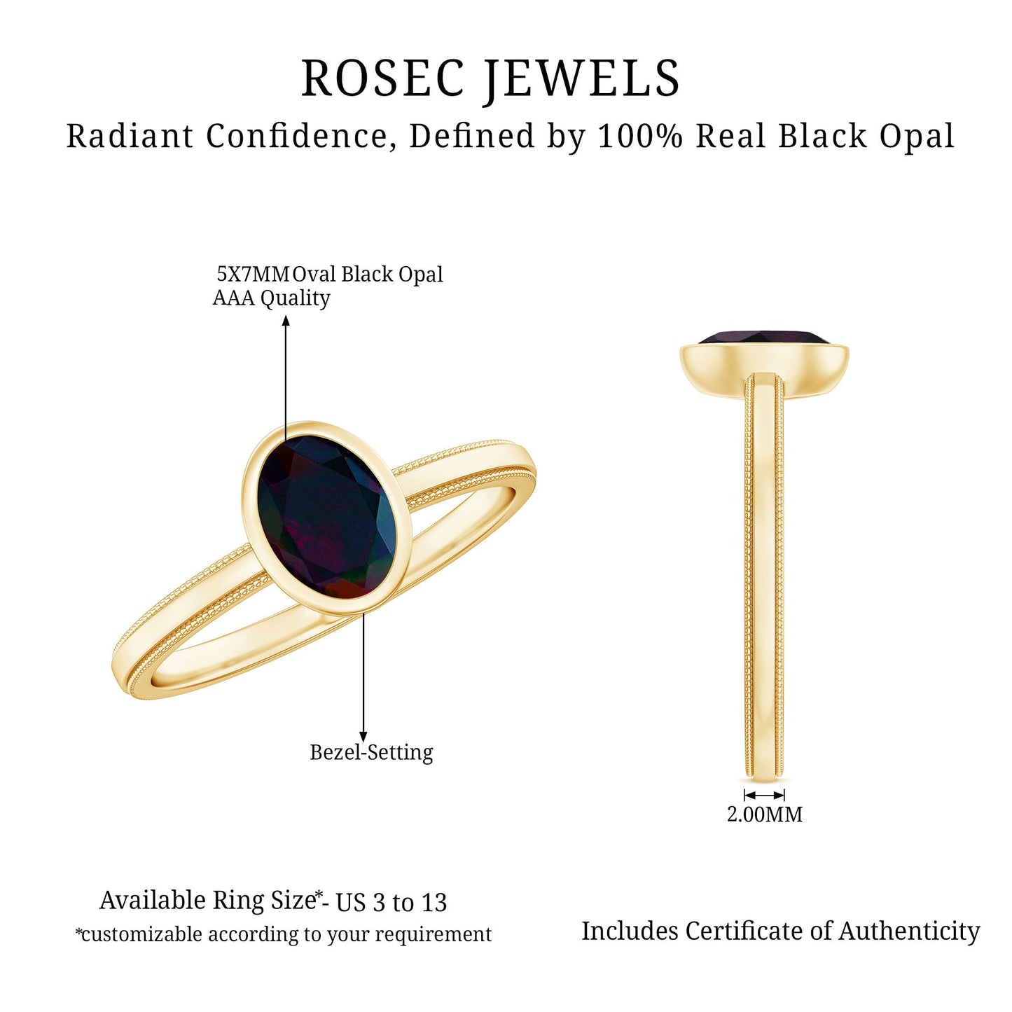 Oval Cut 0.9 Carat Black Opal Bezel Set Engagement Ring