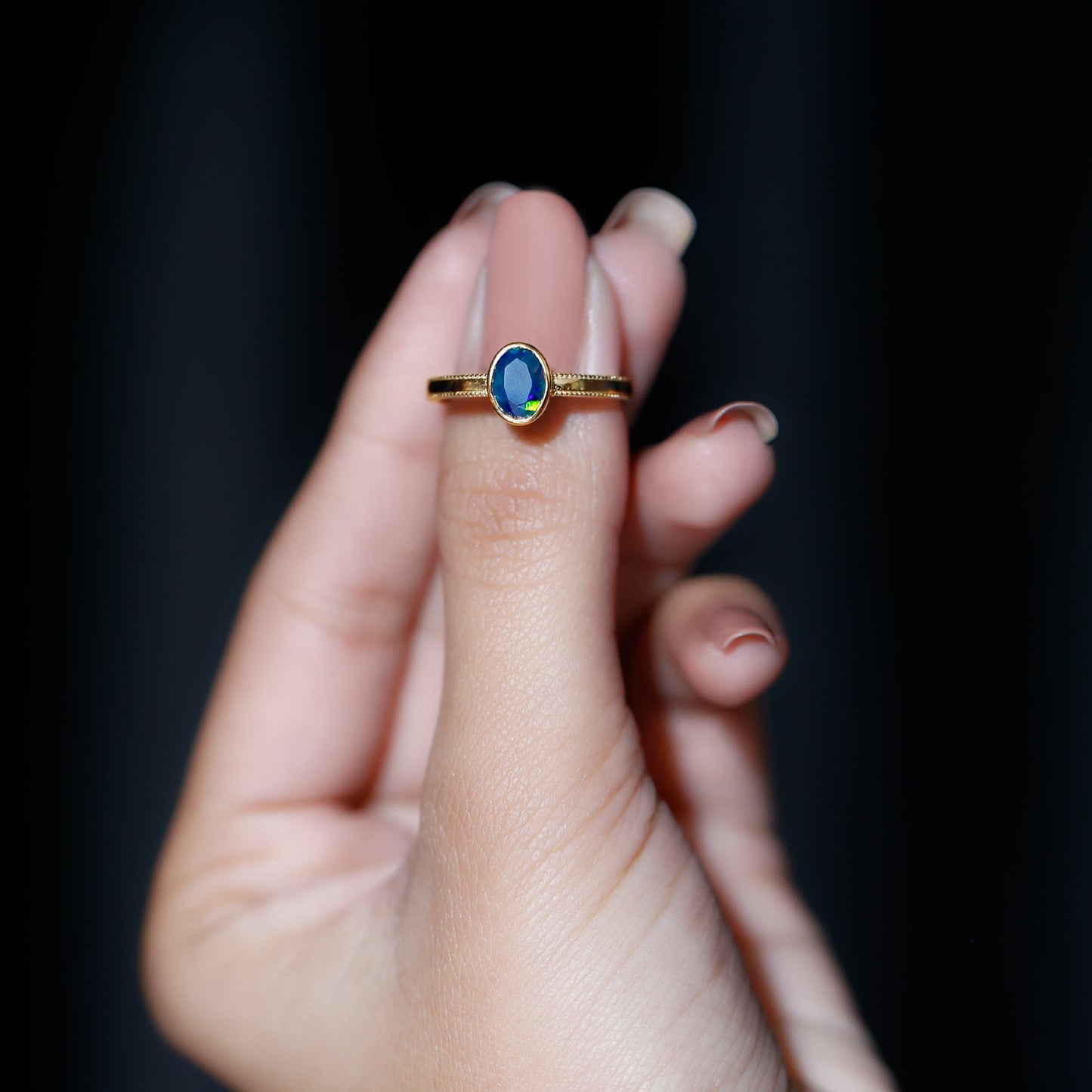 Oval Cut 0.9 Carat Black Opal Bezel Set Engagement Ring