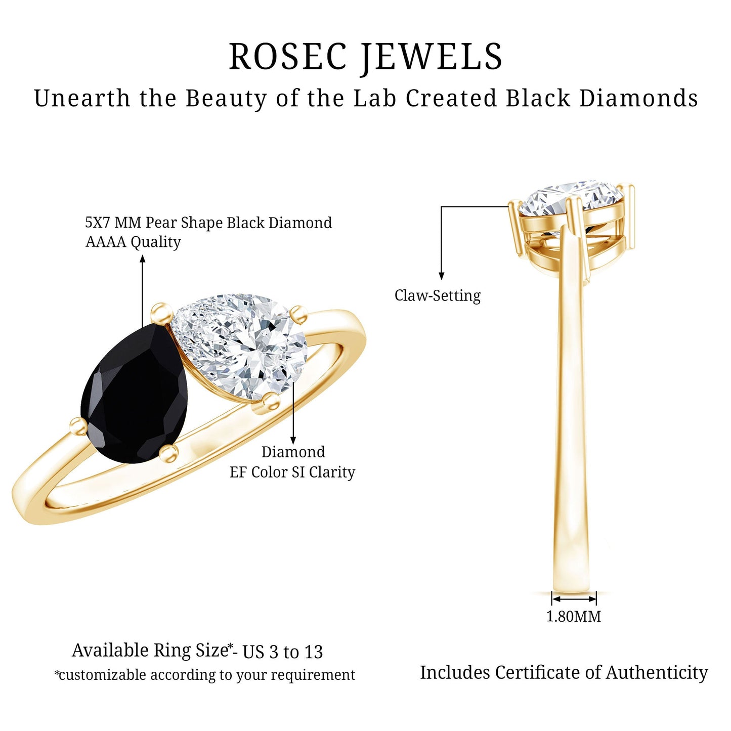 Lab Created Black and White Diamond 2 Stone Ring