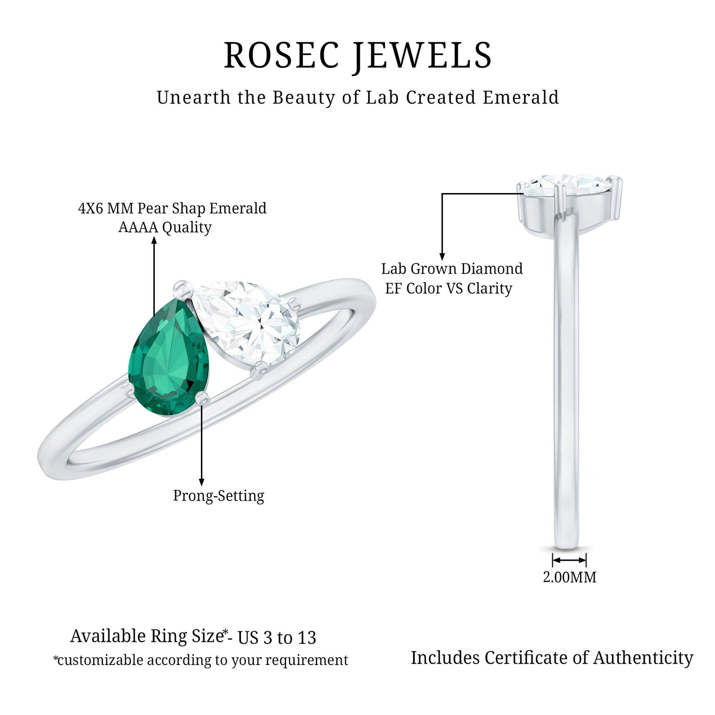 Certified Pear Shape Lab Grown Emerald Toi Et Moi Ring with Diamond