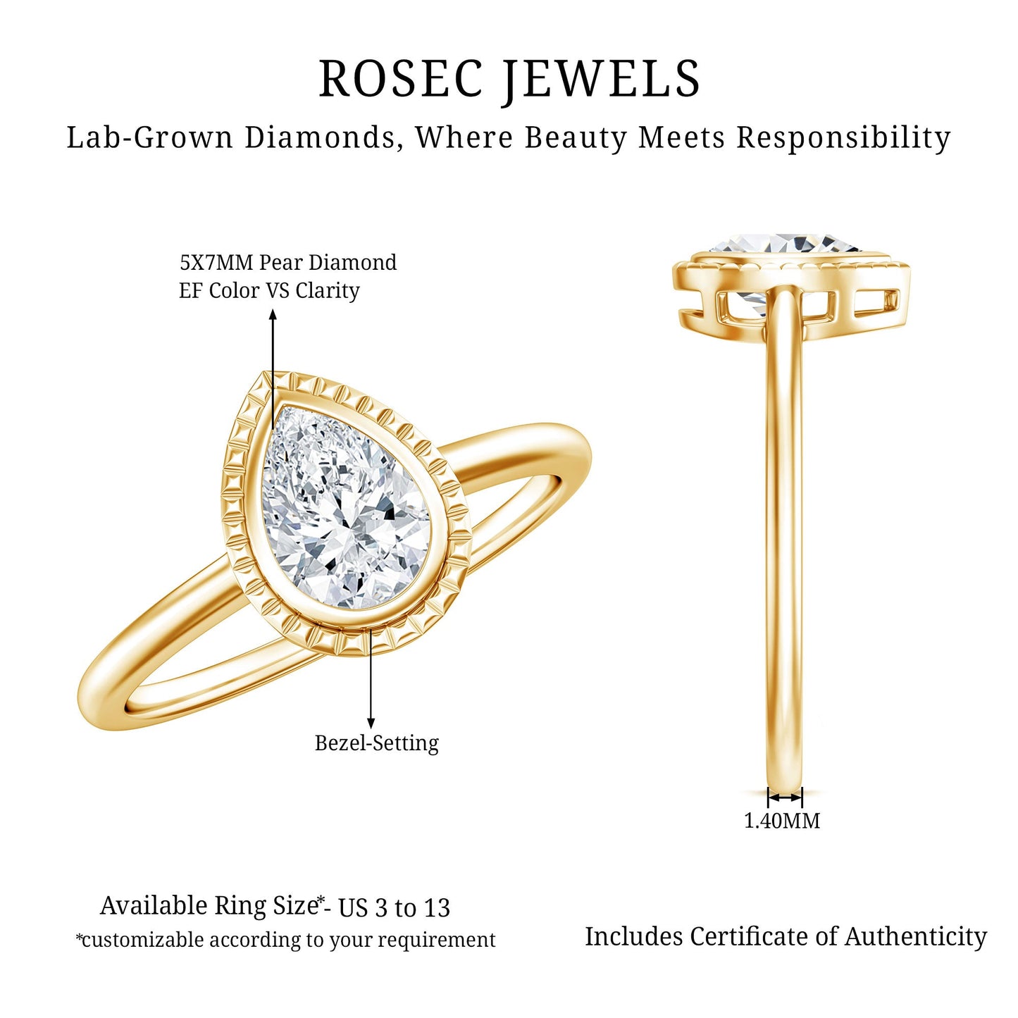Pear Cut Lab Grown Diamond Solitaire Ring with Engraved Details