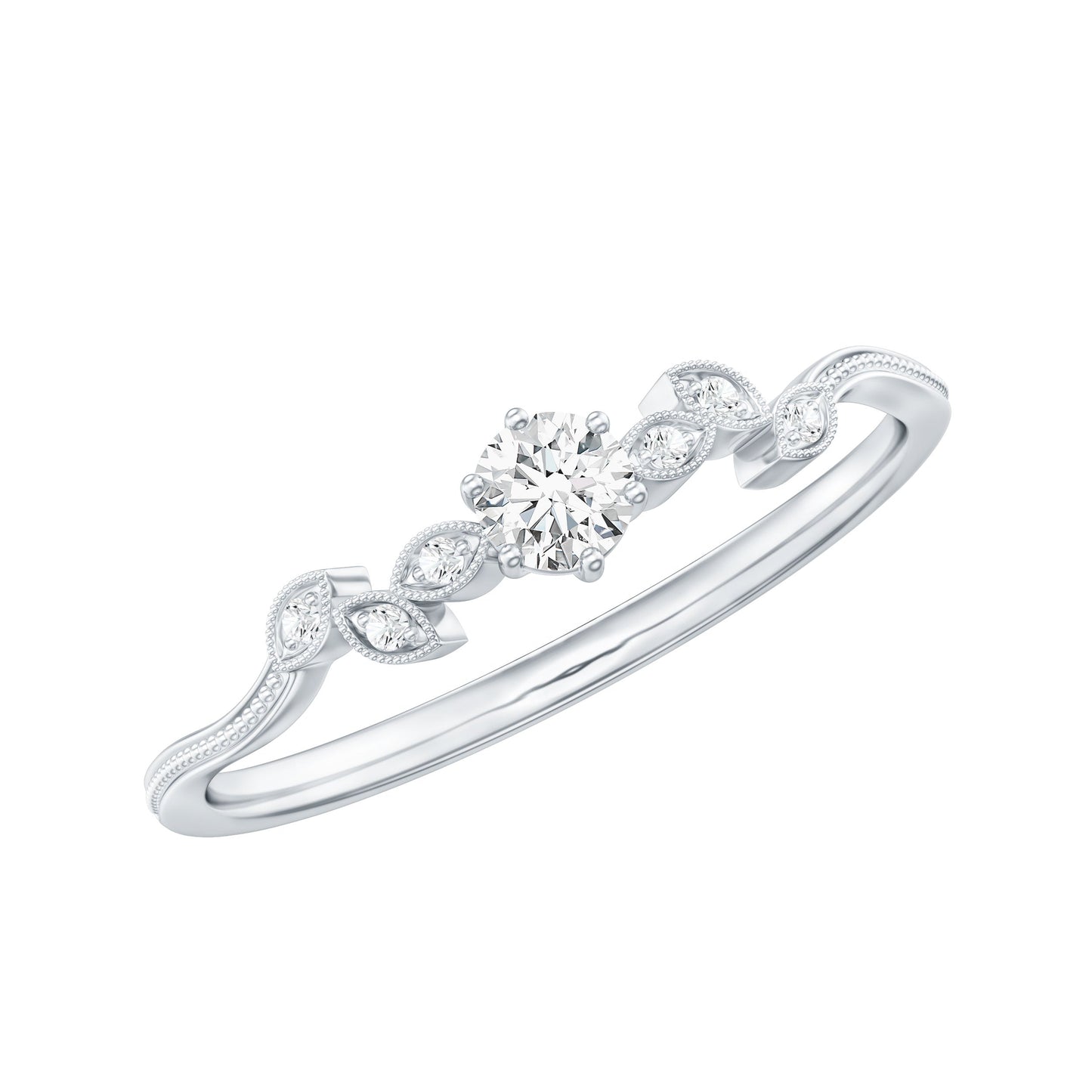 Minimal Lab Grown Diamond Leaf Ring with Beaded Detailing