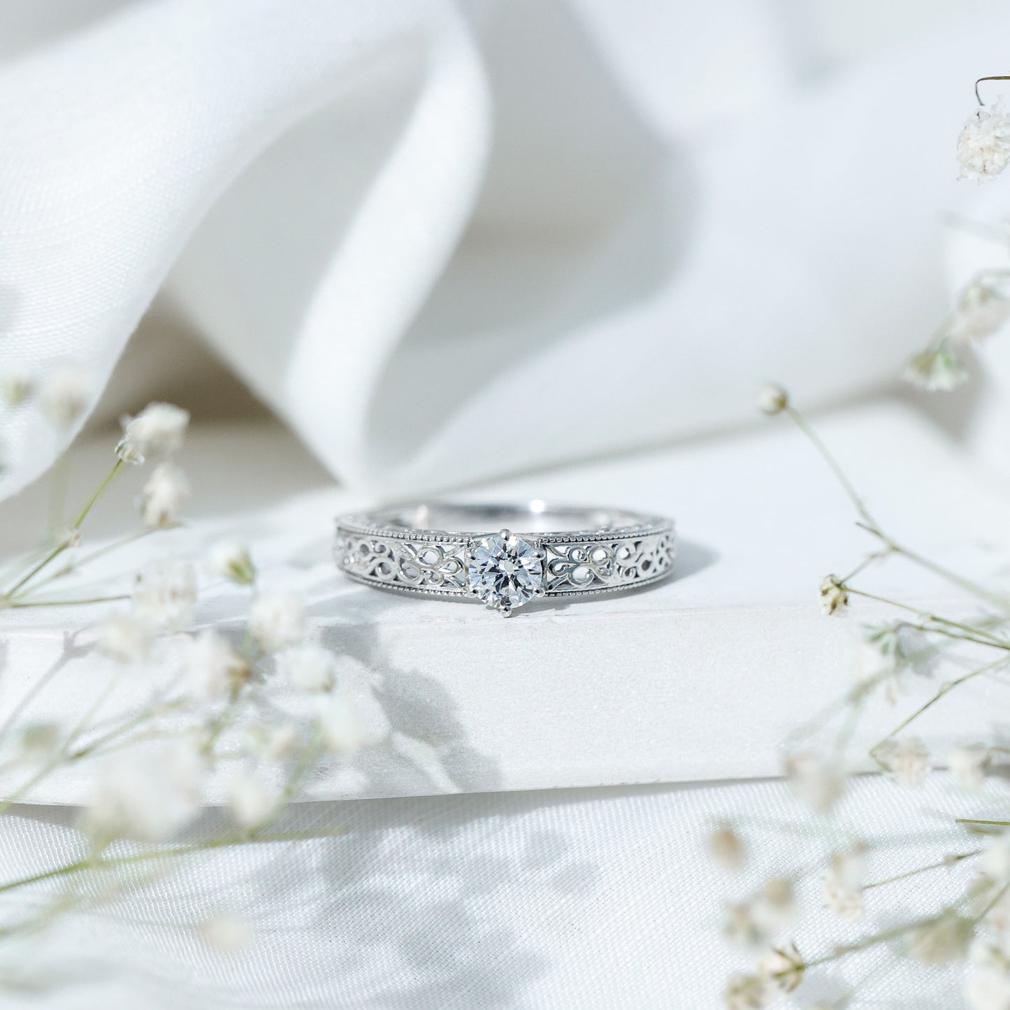 Vintage Inspired Solitaire Lab Grown Diamond Filigree Ring