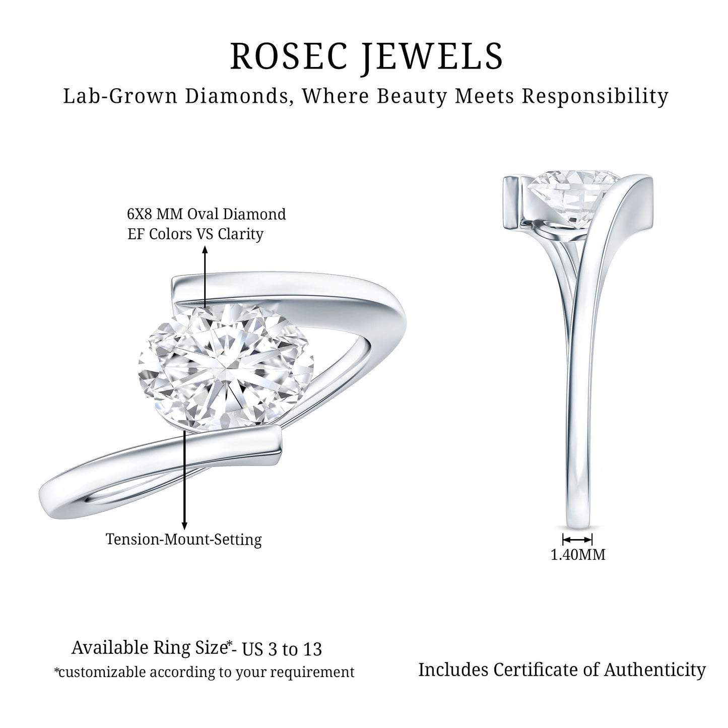 Simple Oval Shape Lab Grown Diamond Solitaire Bypass Ring