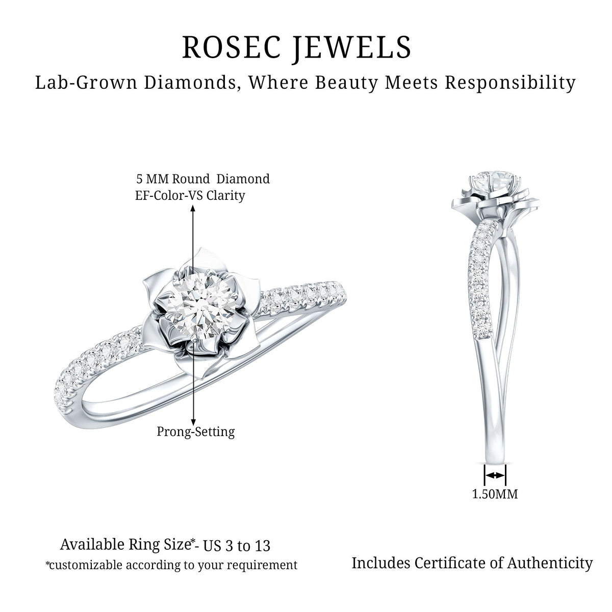 Round Lab Grown Diamond Nature-Inspired Floral Engagement Ring