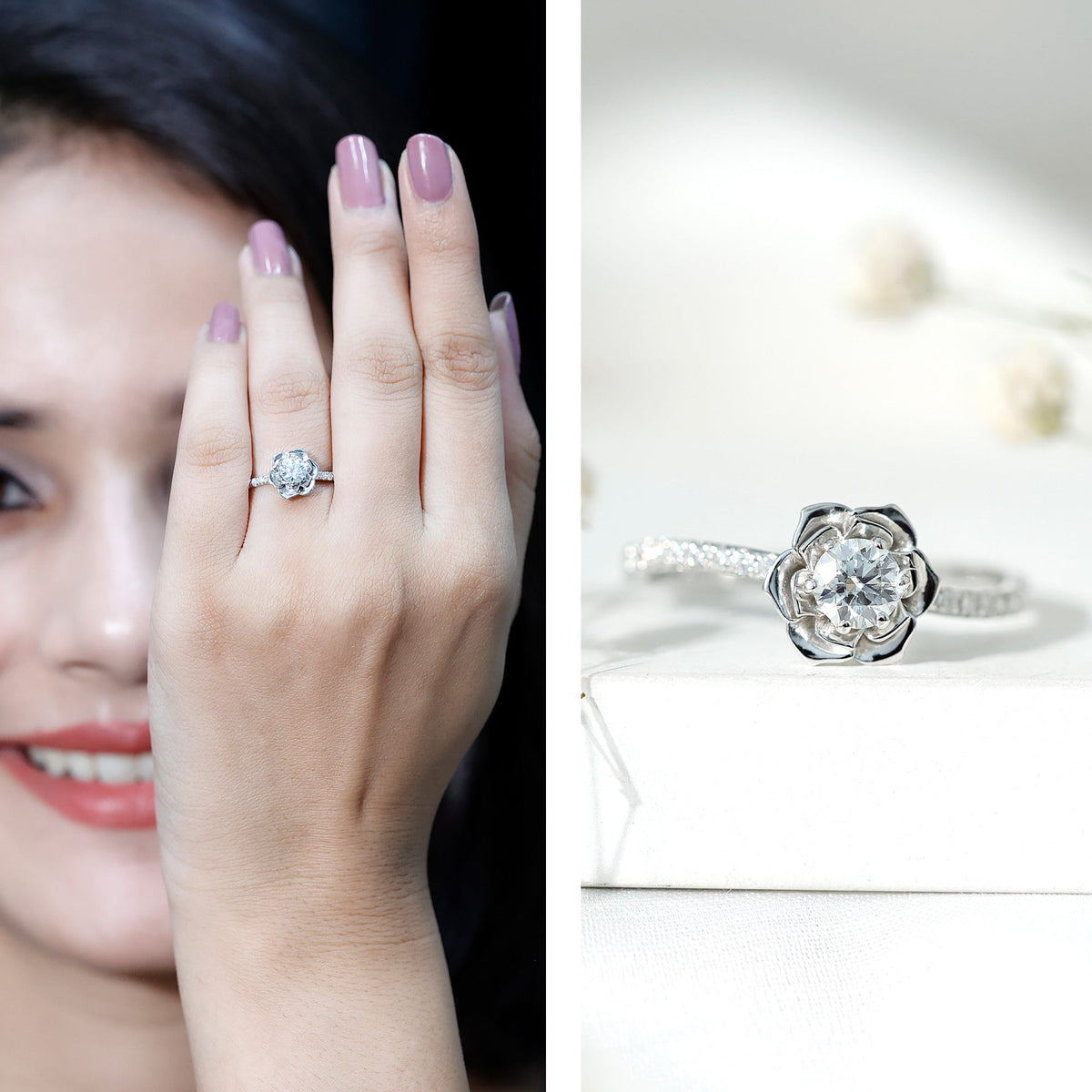 Round Lab Grown Diamond Nature-Inspired Floral Engagement Ring