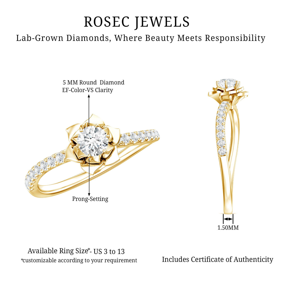 Round Lab Grown Diamond Nature-Inspired Floral Engagement Ring