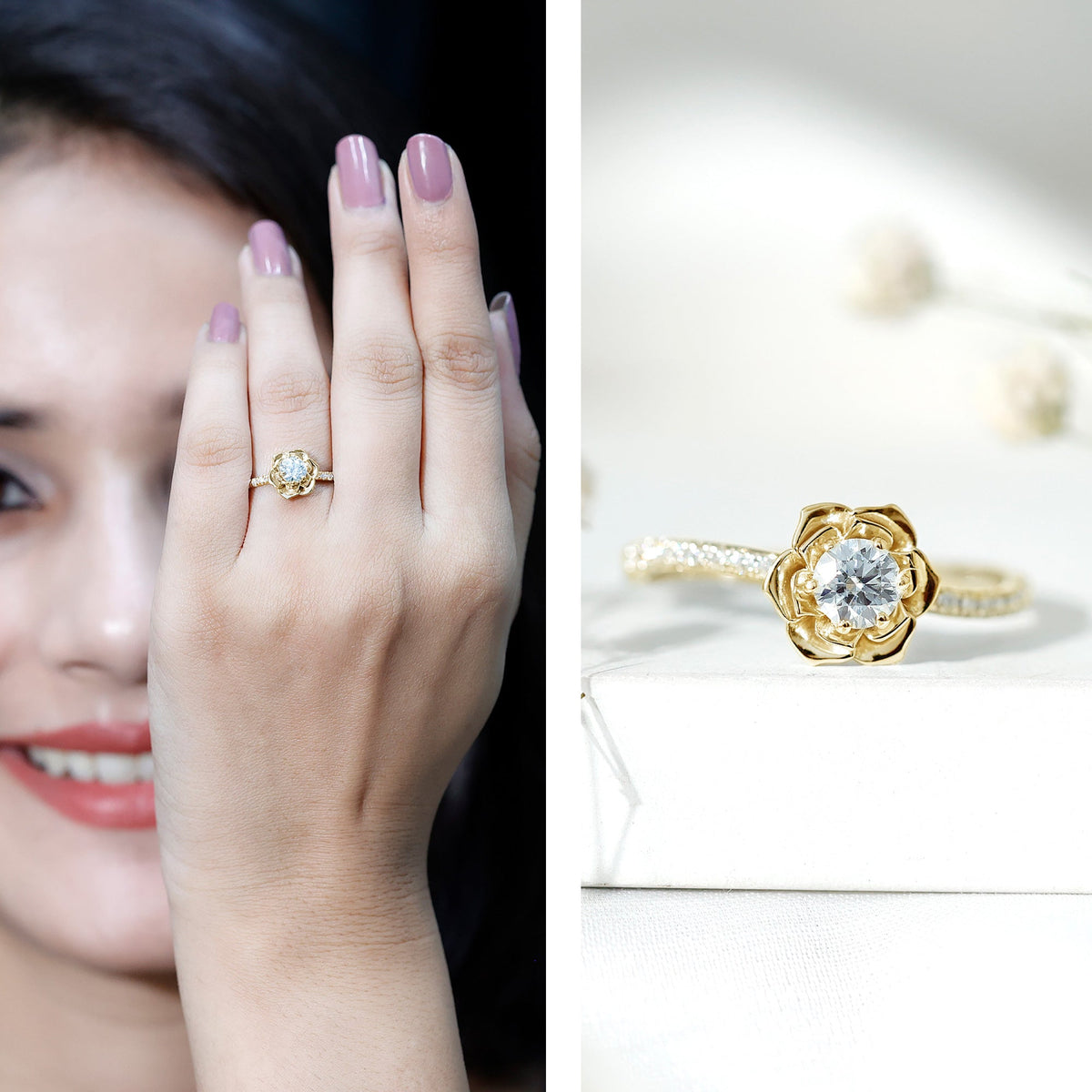 Round Lab Grown Diamond Nature-Inspired Floral Engagement Ring