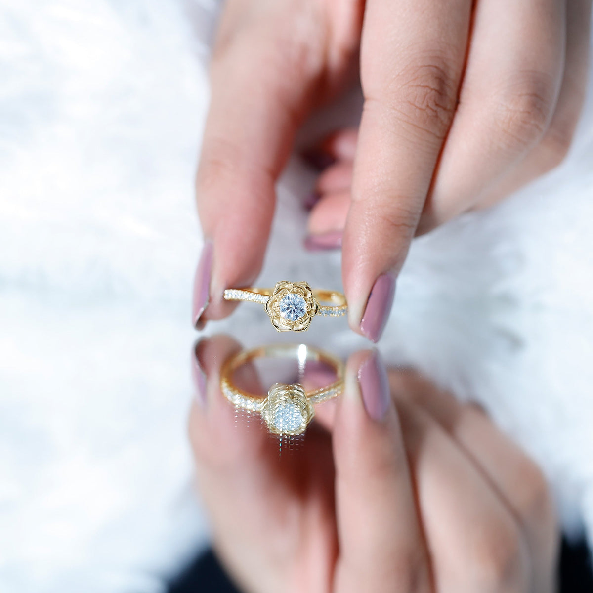 Round Lab Grown Diamond Nature-Inspired Floral Engagement Ring