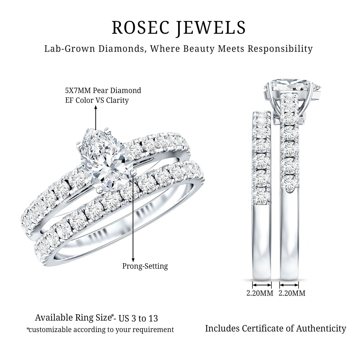 Minimal Pear Shape Lab Grown Diamond Wedding Ring Set