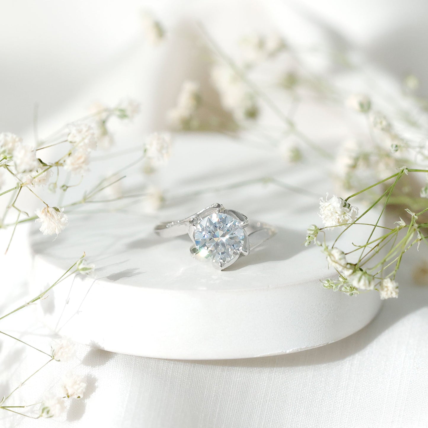 2 Carat Moissanite Floral Engagement Ring with Bypass Shank