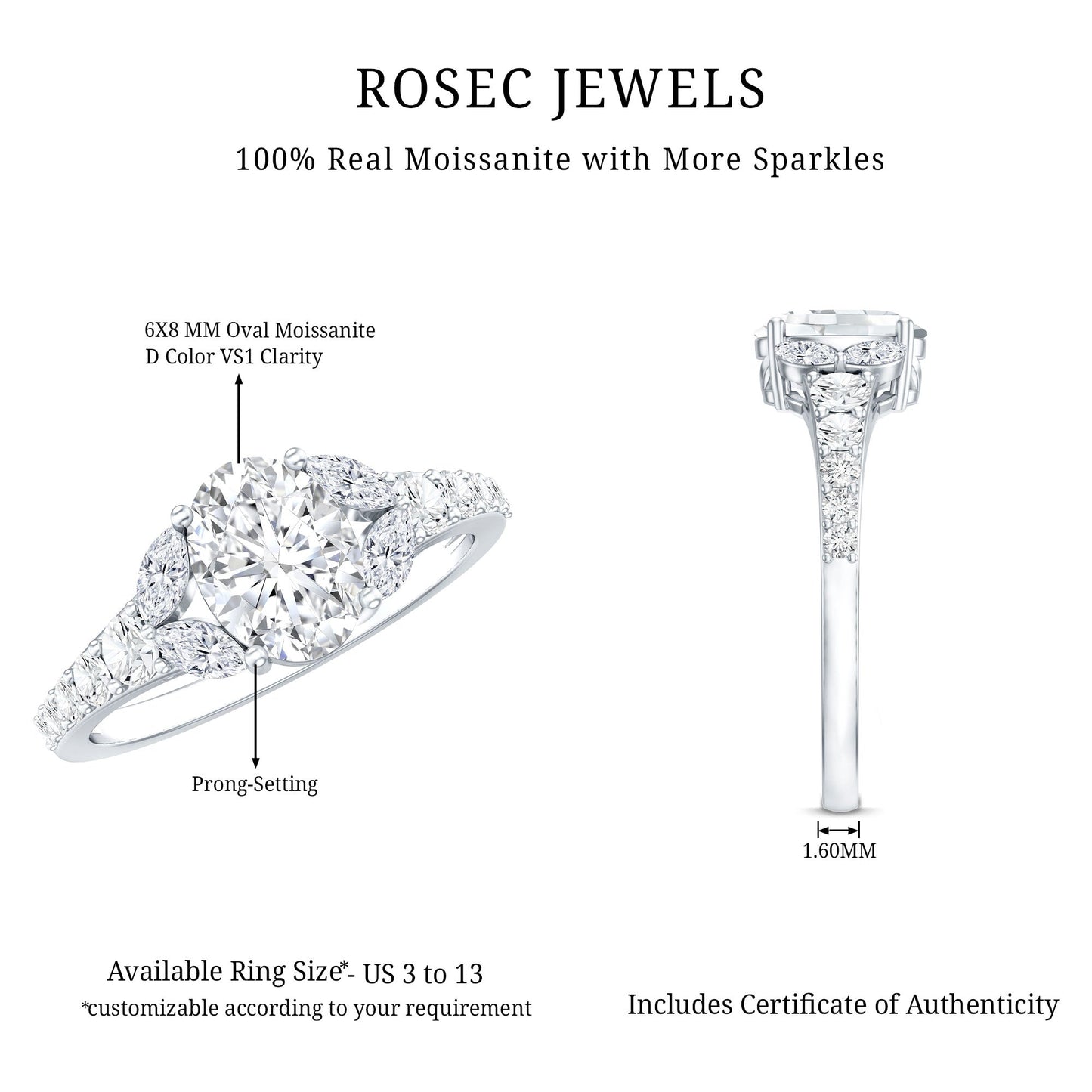 1.2 Carat Oval Moissanite Designer Engagement Ring in 14k Gold Plated Silver