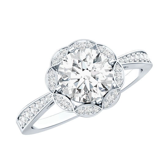 Certified Moissanite Designer Halo Engagement Ring in Gold Plated Silver