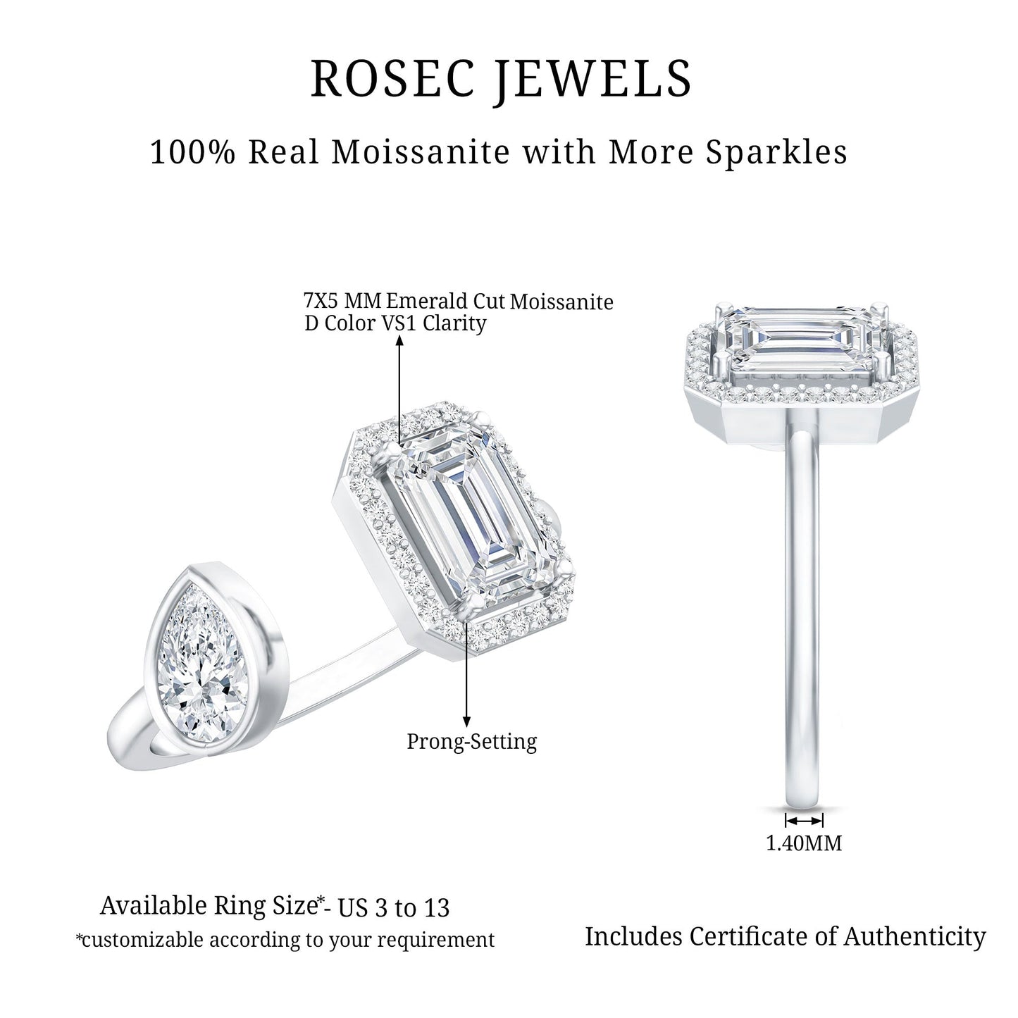 Women's Moissanite Two Stone Engagement Ring in Silver