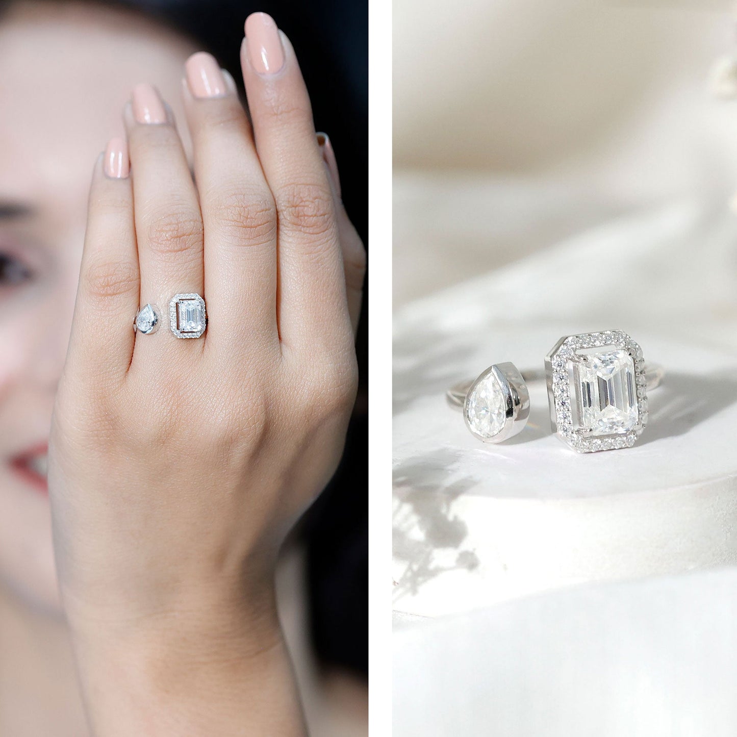 Women's Moissanite Two Stone Engagement Ring in Silver
