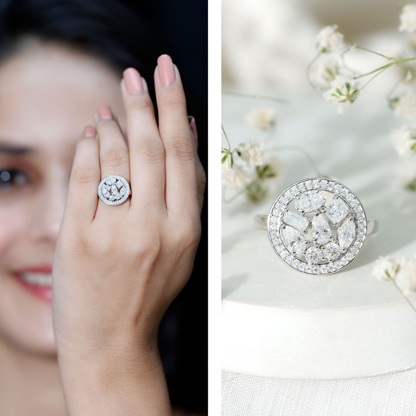 Sterling Silver Moissanite Cluster Engagement Ring for Women