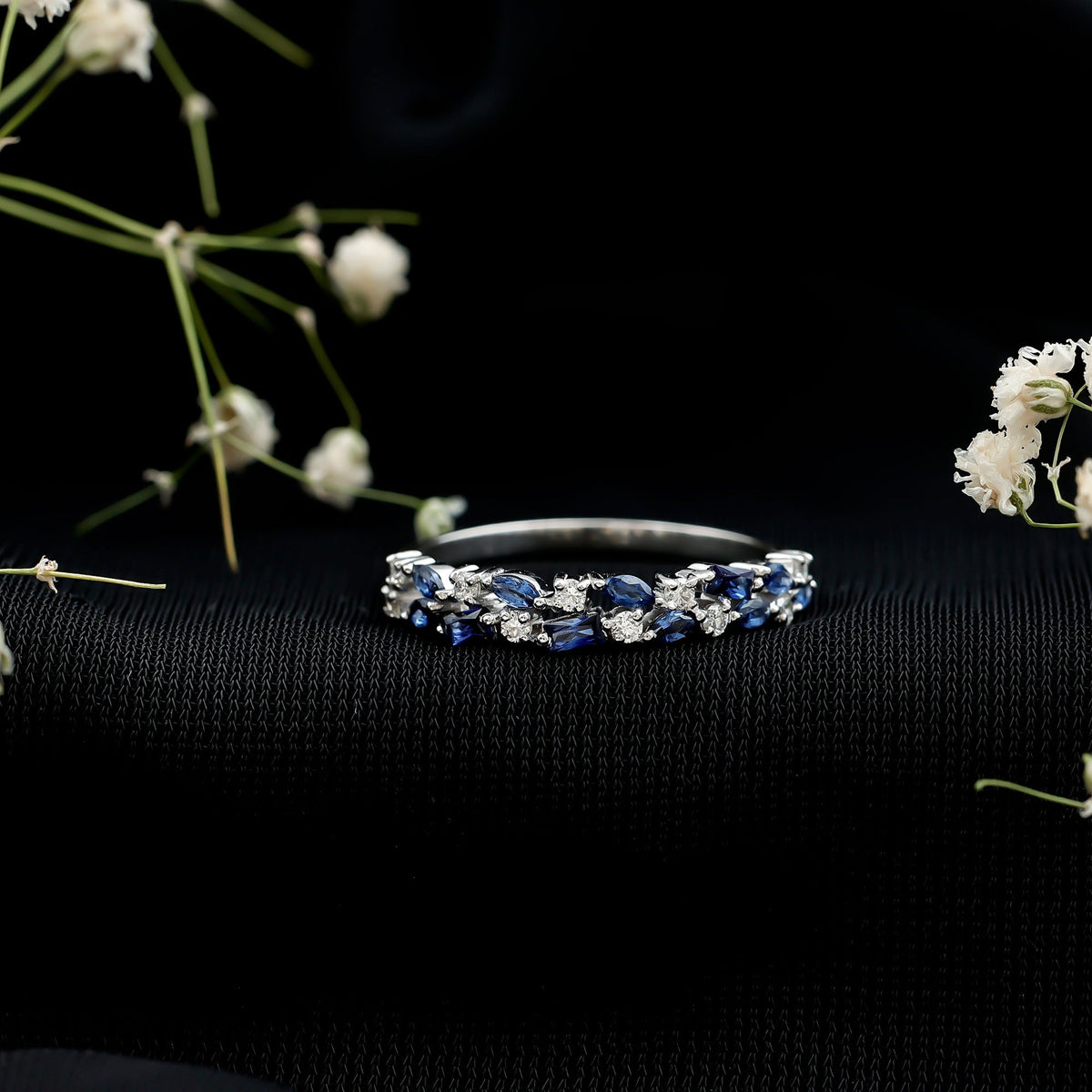 Certified Lab Grown Blue Sapphire Diamond Half Eternity Band Ring