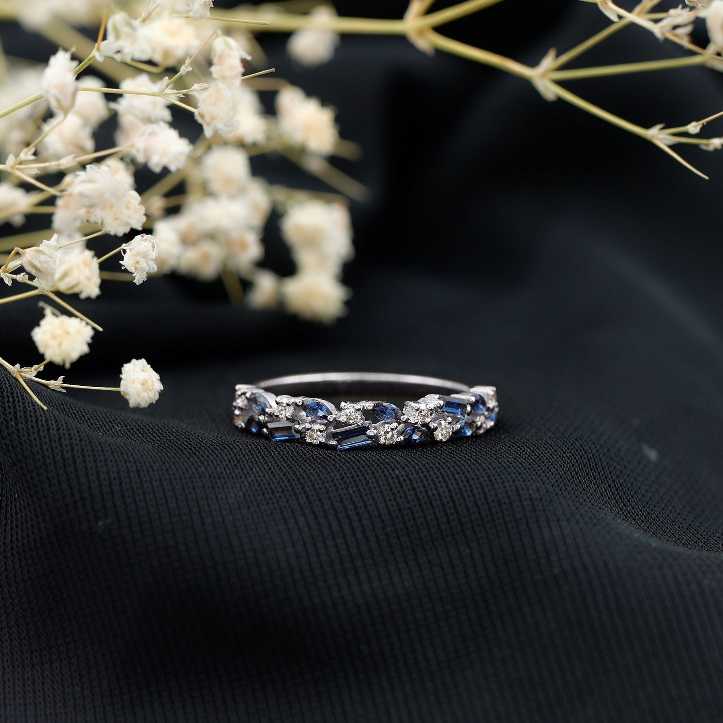 Certified Lab Grown Blue Sapphire Diamond Half Eternity Band Ring