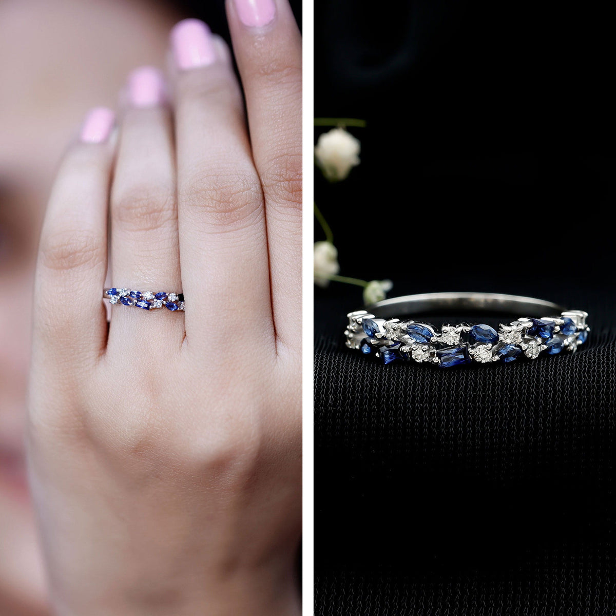 Certified Lab Grown Blue Sapphire Diamond Half Eternity Band Ring