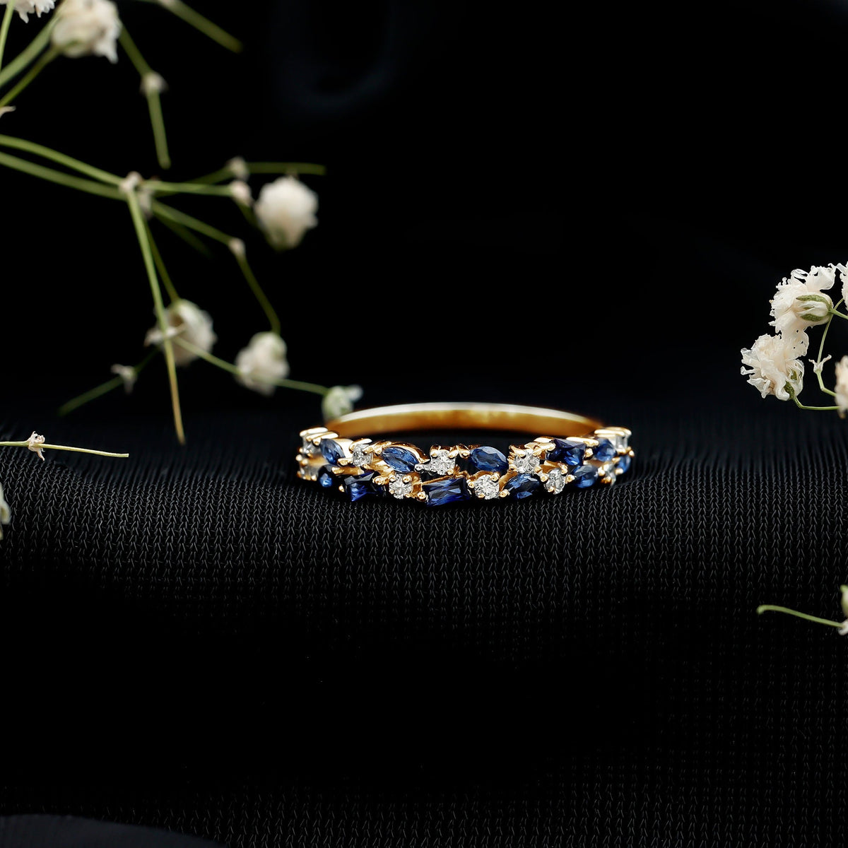 Certified Lab Grown Blue Sapphire Diamond Half Eternity Band Ring