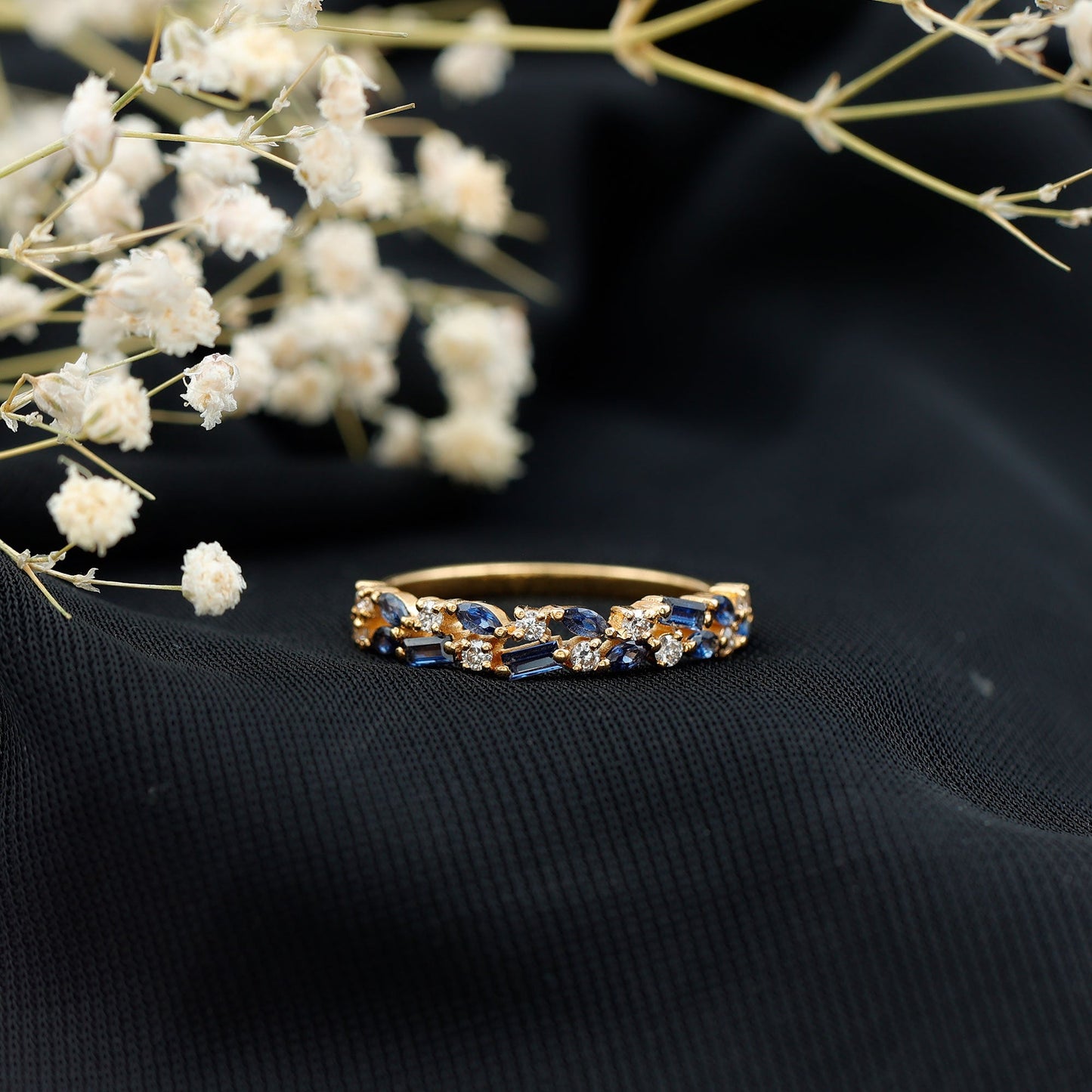 Certified Lab Grown Blue Sapphire Diamond Half Eternity Band Ring