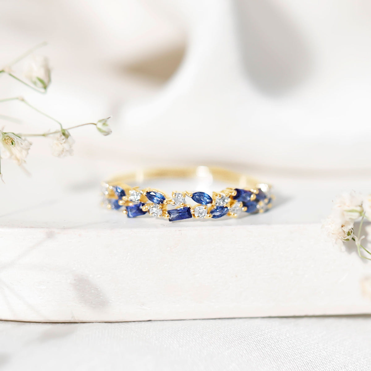 Certified Lab Grown Blue Sapphire Diamond Half Eternity Band Ring
