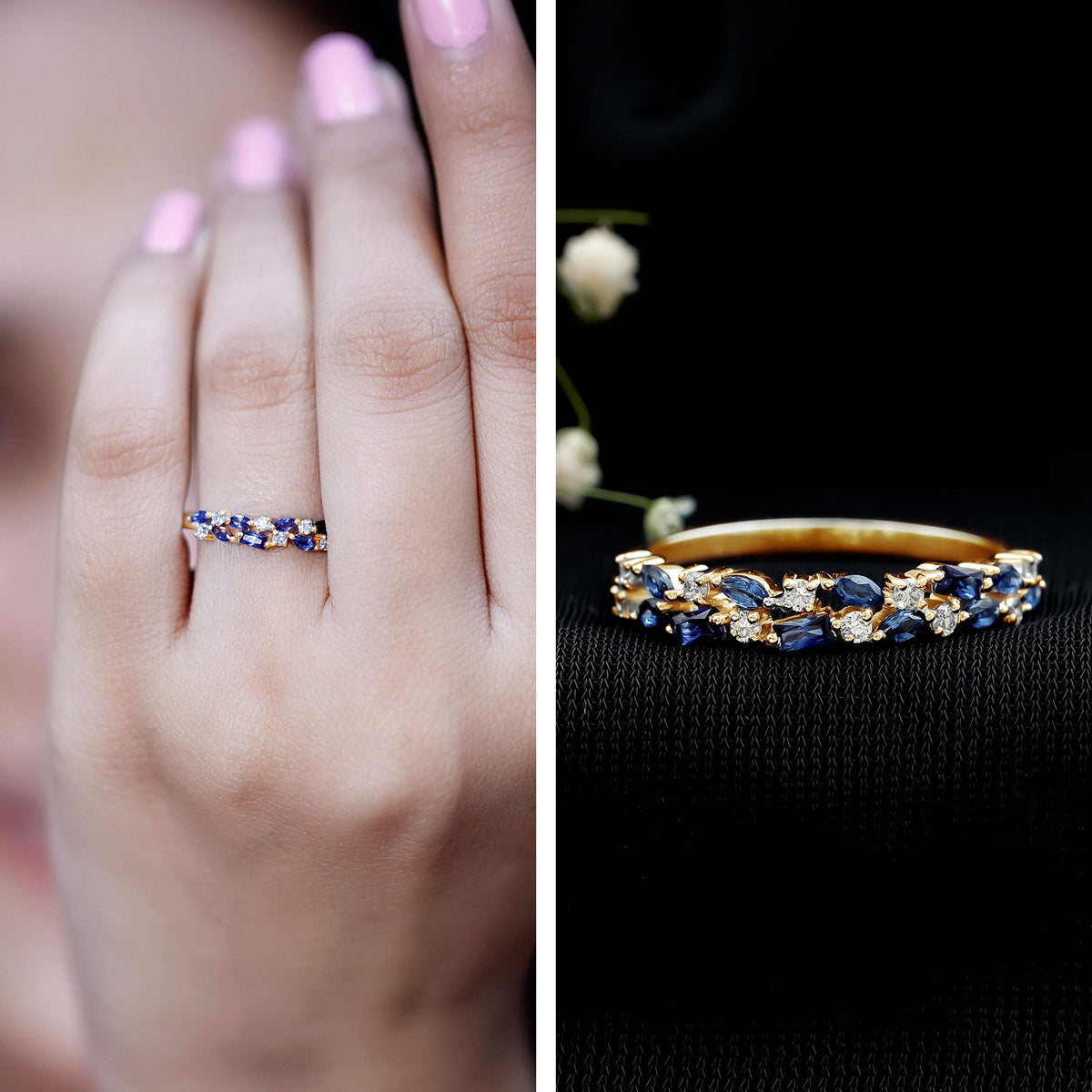Certified Lab Grown Blue Sapphire Diamond Half Eternity Band Ring