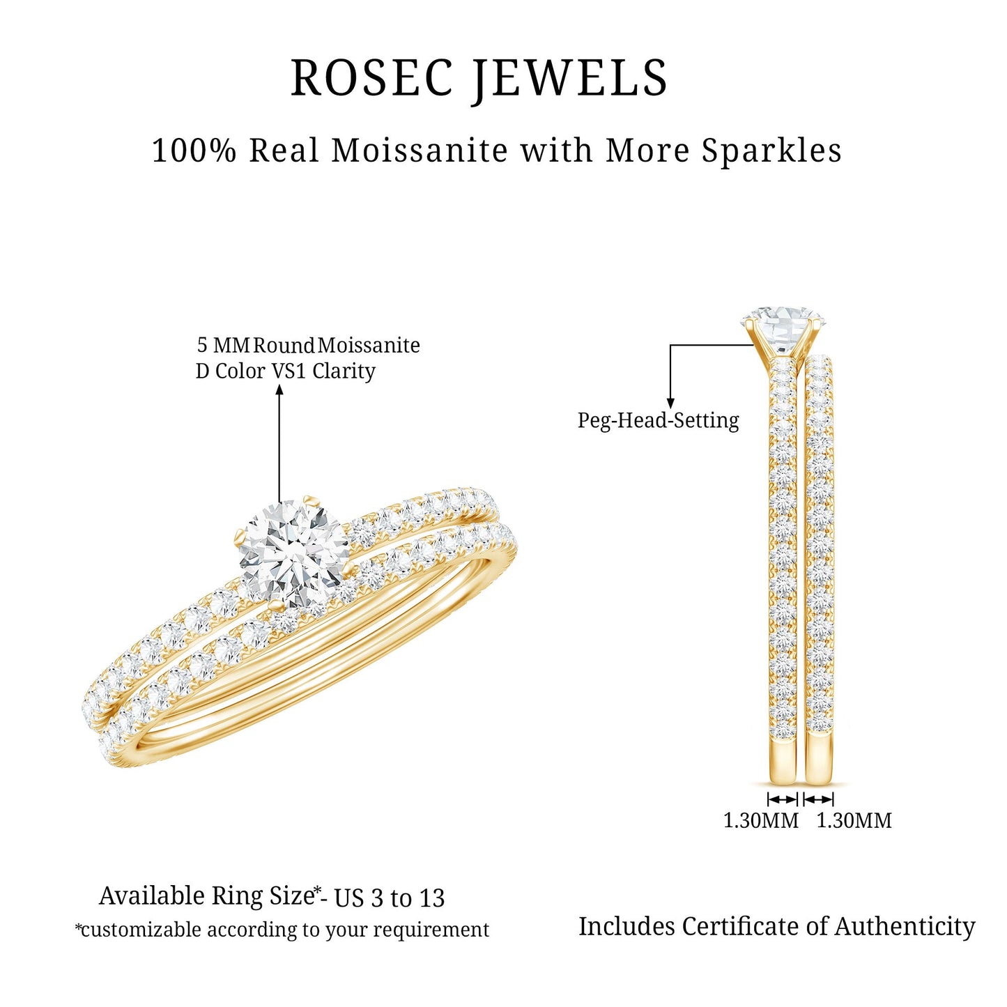 Round Cut Moissanite Engagement Ring with Eternity Band