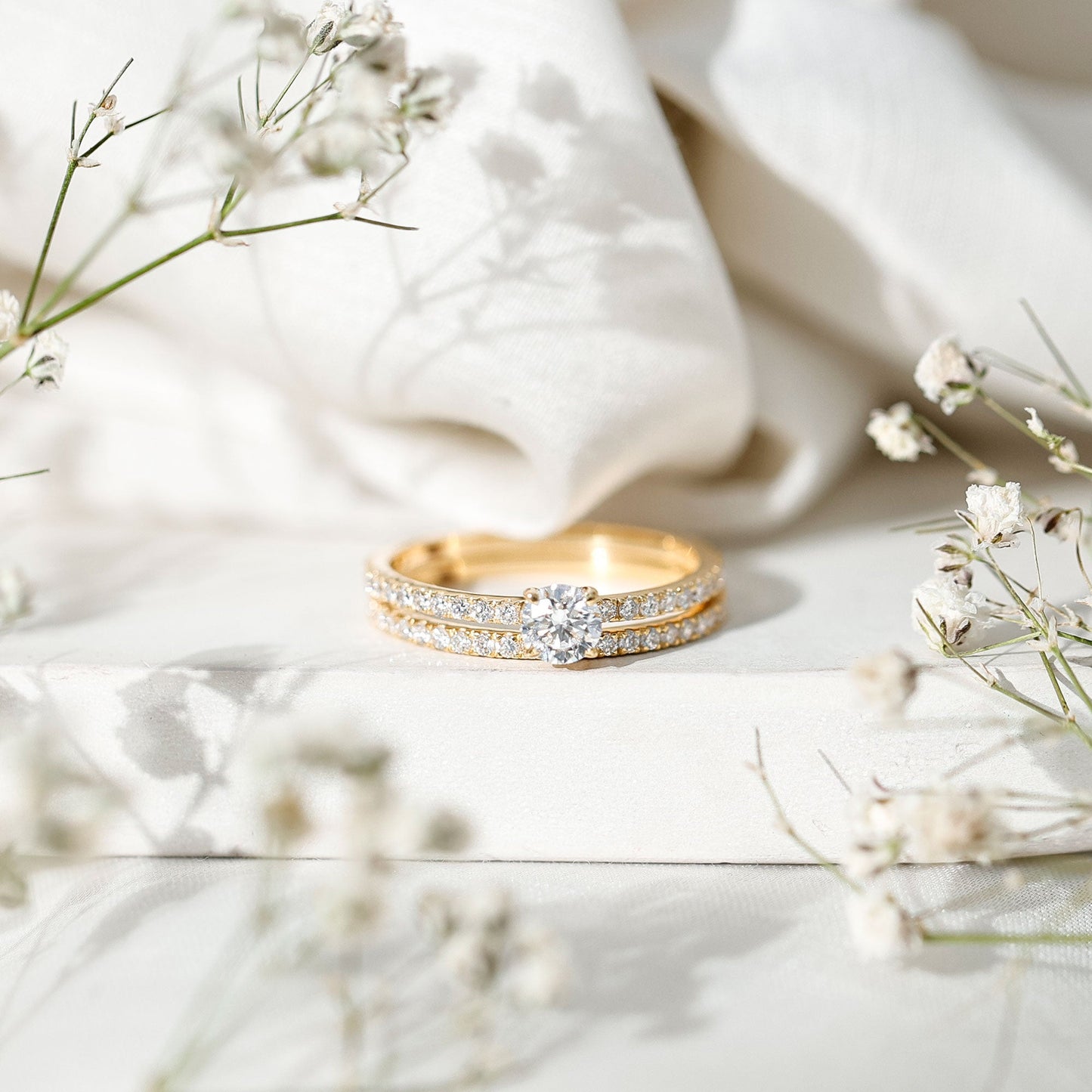 Round Cut Moissanite Engagement Ring with Eternity Band
