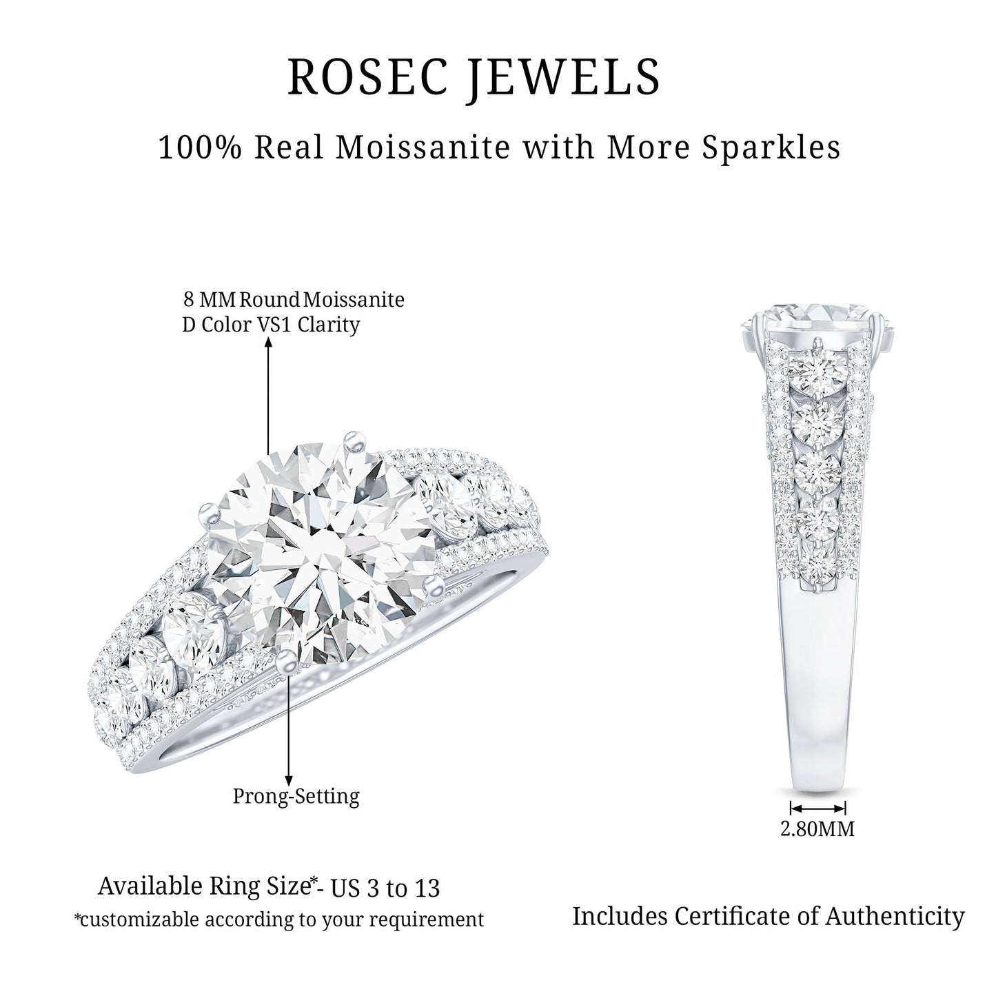 Round Brilliant Cut Moissanite Side Stone Engagement Ring