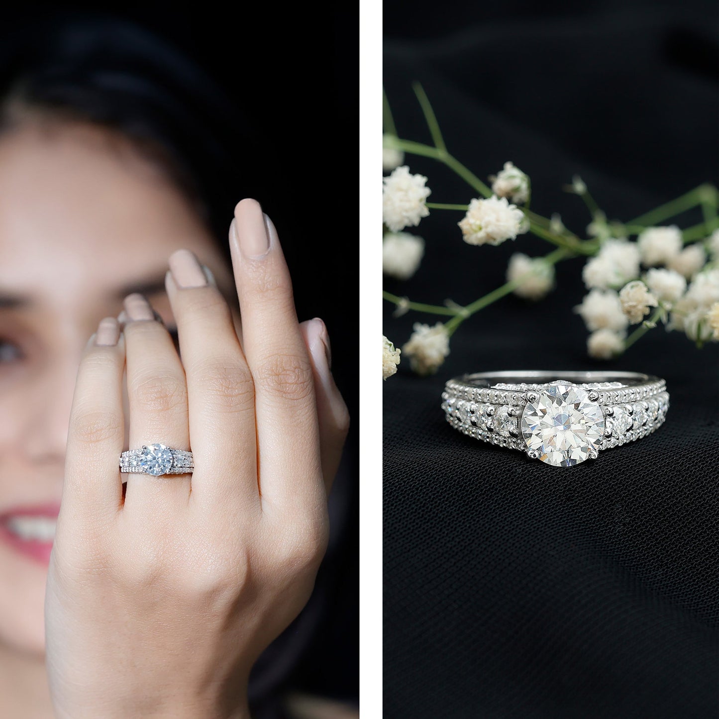 Round Brilliant Cut Moissanite Side Stone Engagement Ring