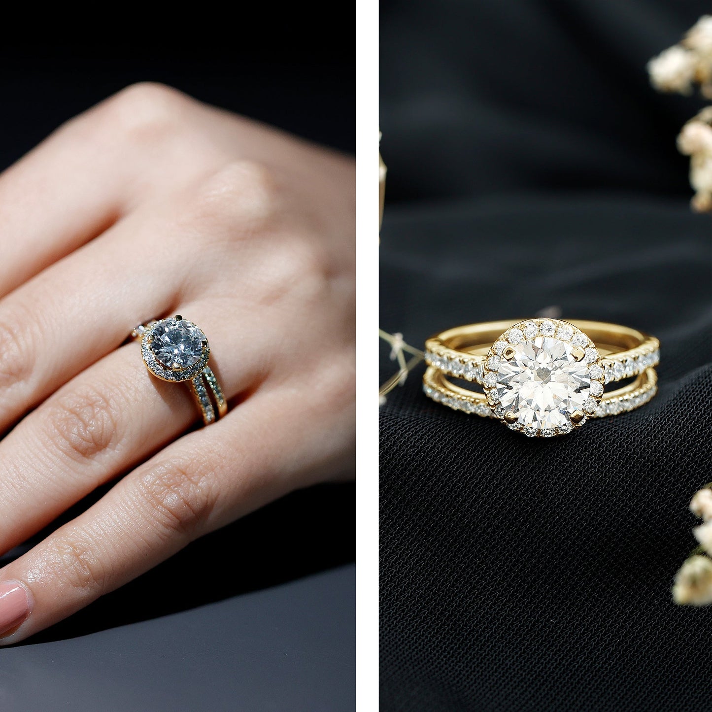 2 Carat Moissanite Classic Halo Wedding Ring Set