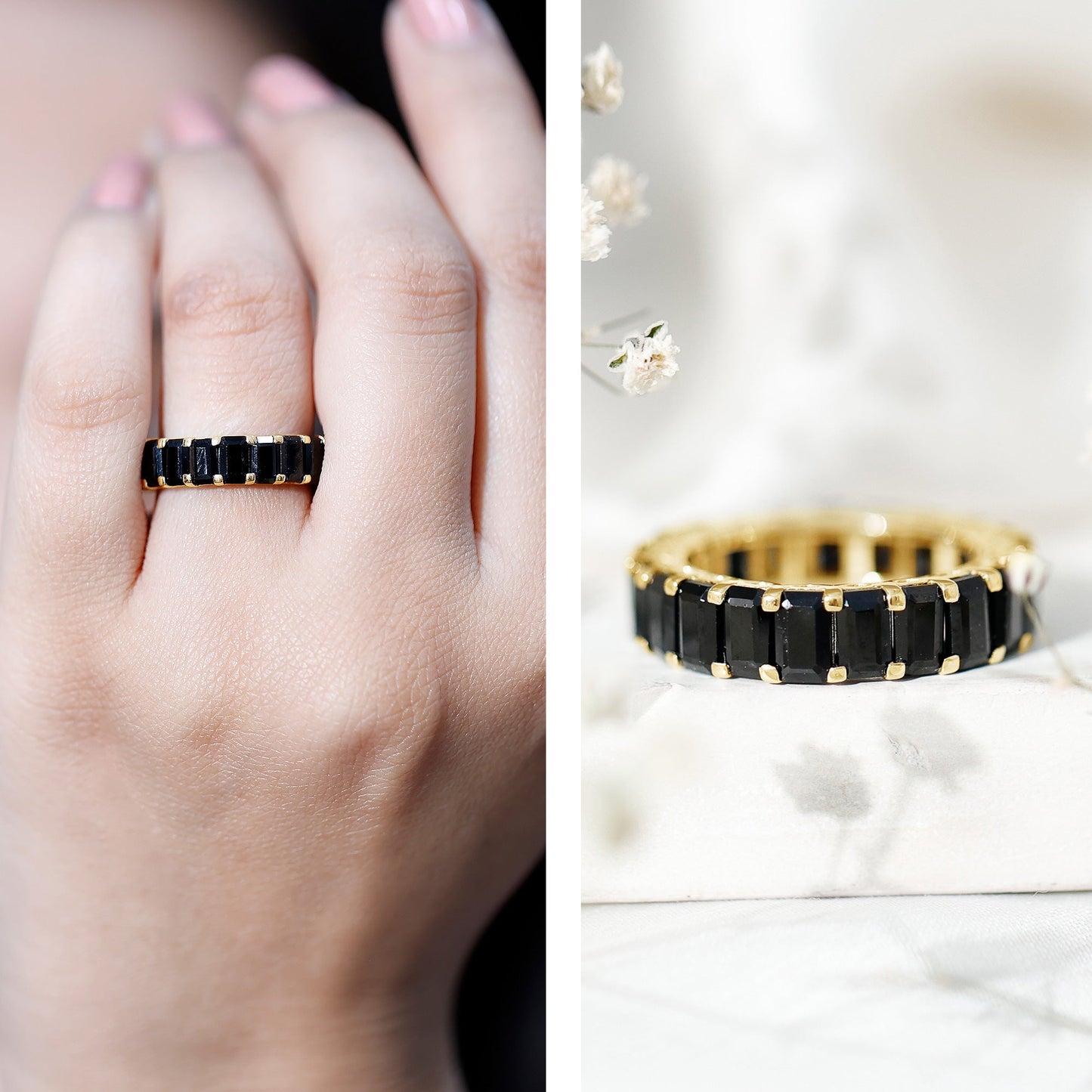 Emerald Cut Black Spinel Eternity Band