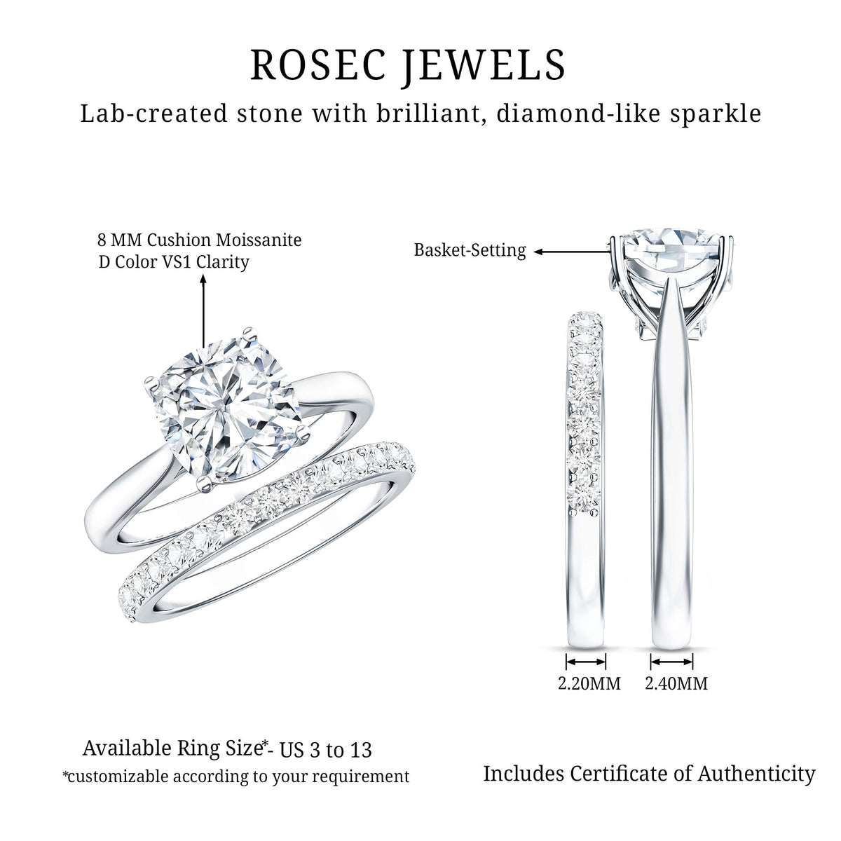 Cushion Cut Moissanite Solitaire Bridal Set with Certificate