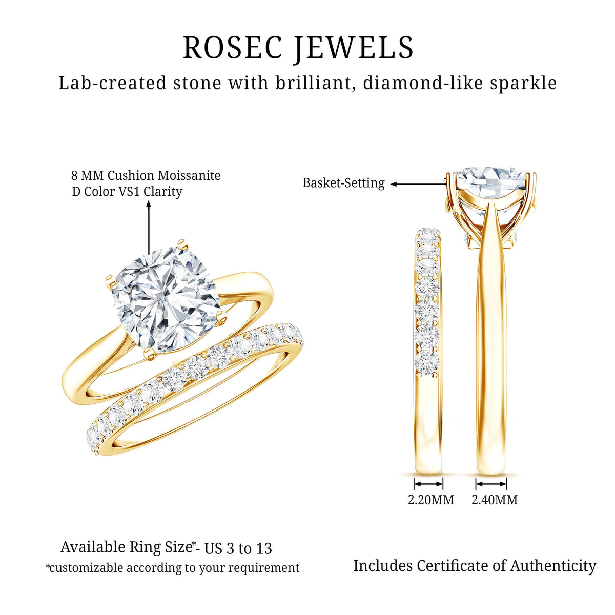 Cushion Cut Moissanite Solitaire Bridal Set with Certificate