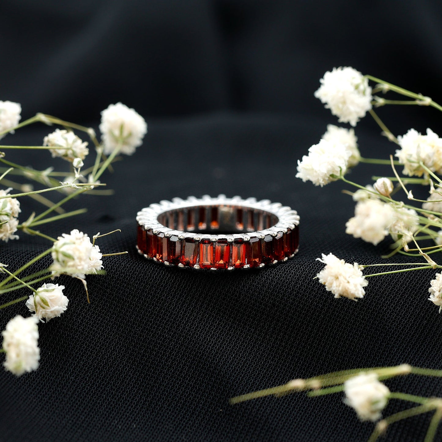 Certified Natural Baguette Garnet Eternity Band Ring