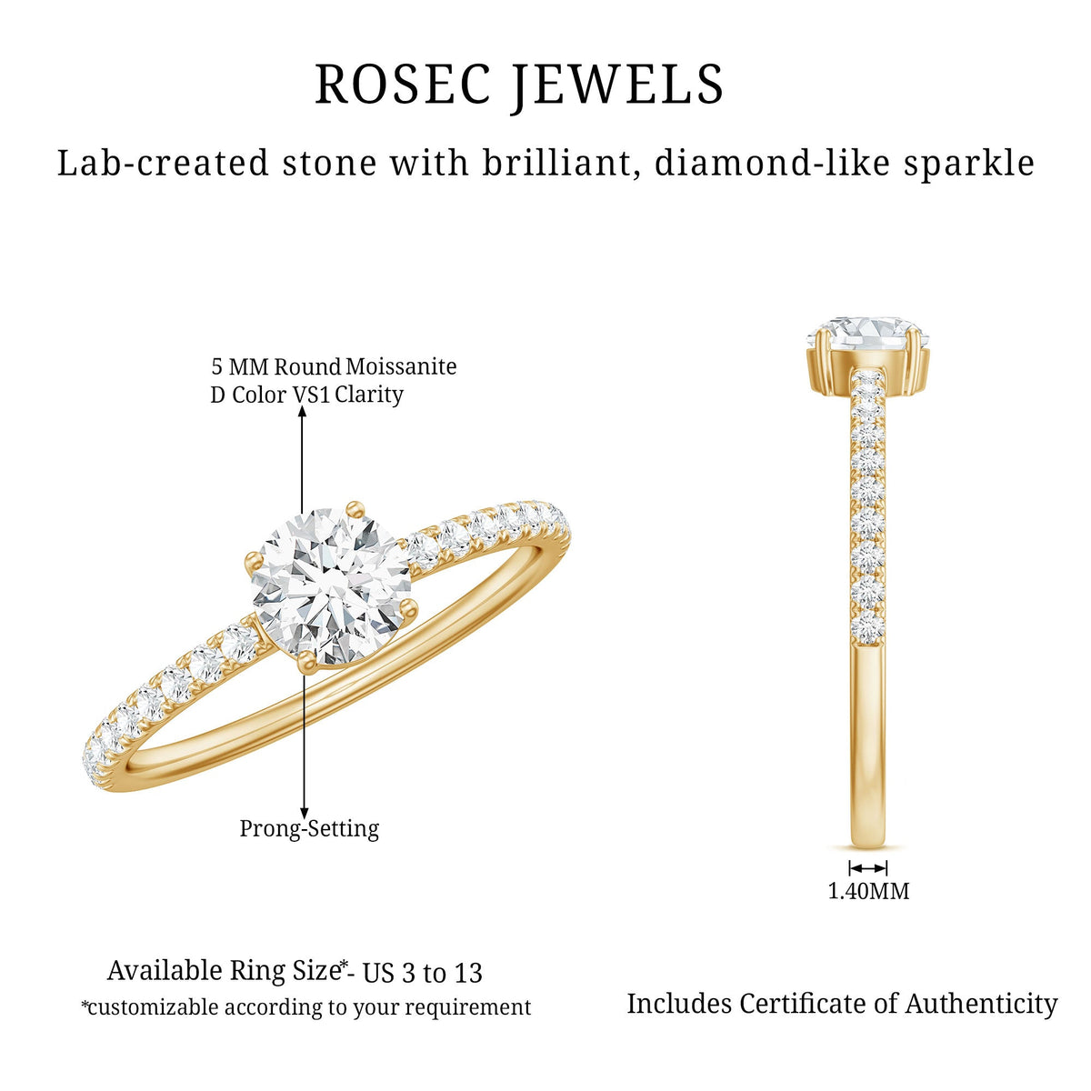 Round Shape Moissanite Solitaire Promise Ring with Side Stones
