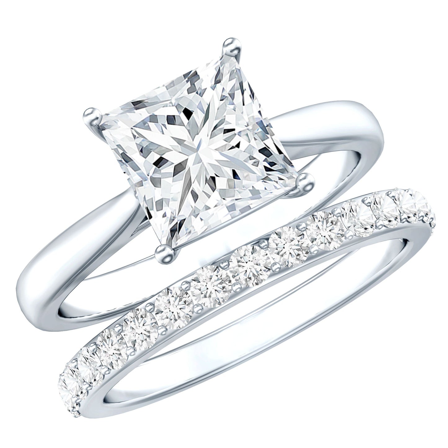 Certified 3 Carat Princess Cut Moissanite Engagement Ring with Wedding Band