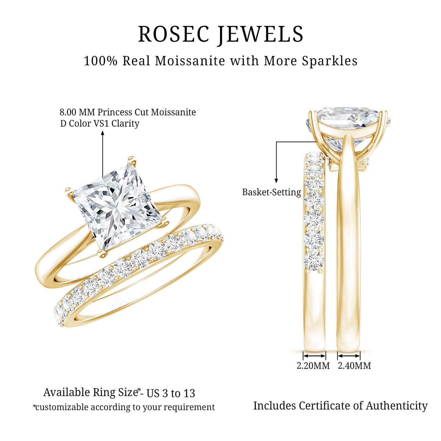 Certified 3 Carat Princess Cut Moissanite Engagement Ring with Wedding Band