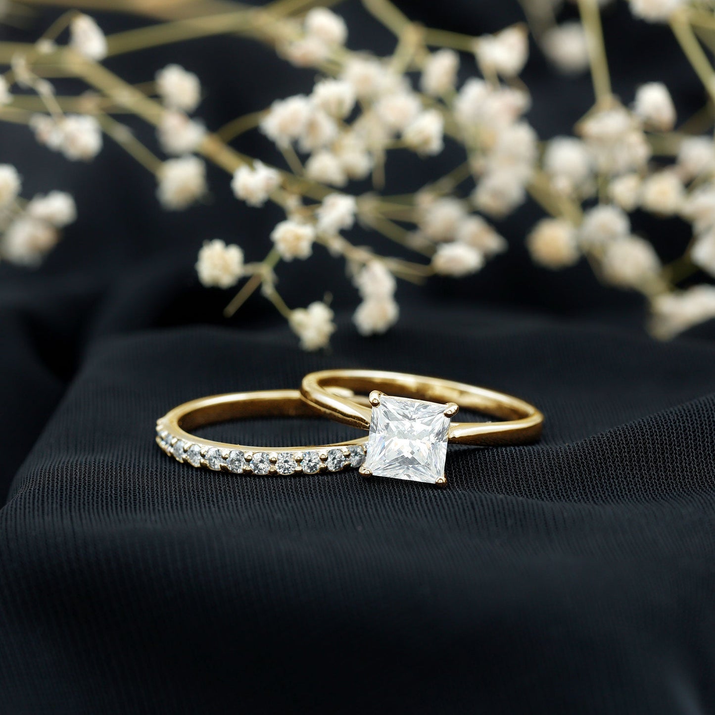 Certified 3 Carat Princess Cut Moissanite Engagement Ring with Wedding Band