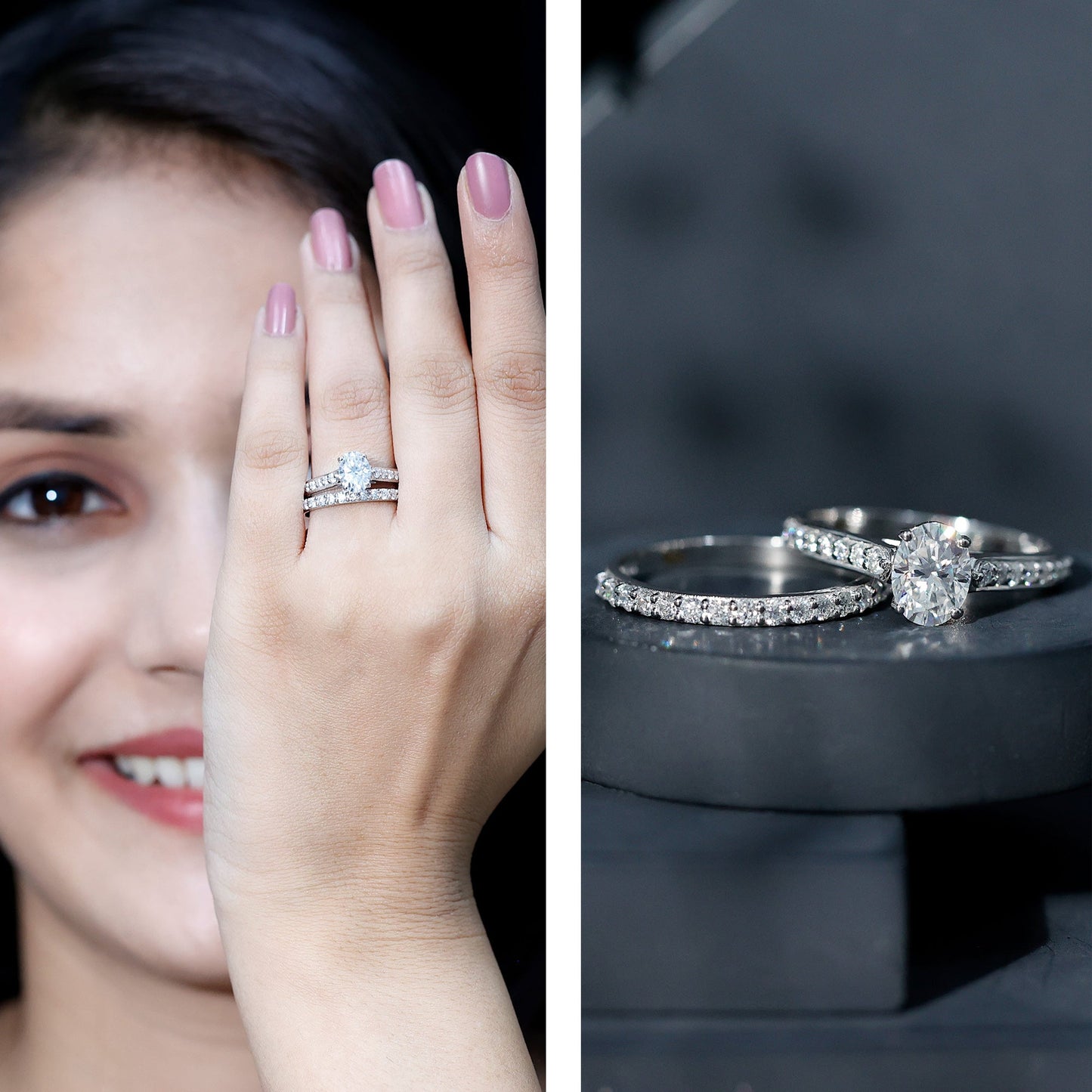 Certified Moissanite Oval Engagement Ring Set