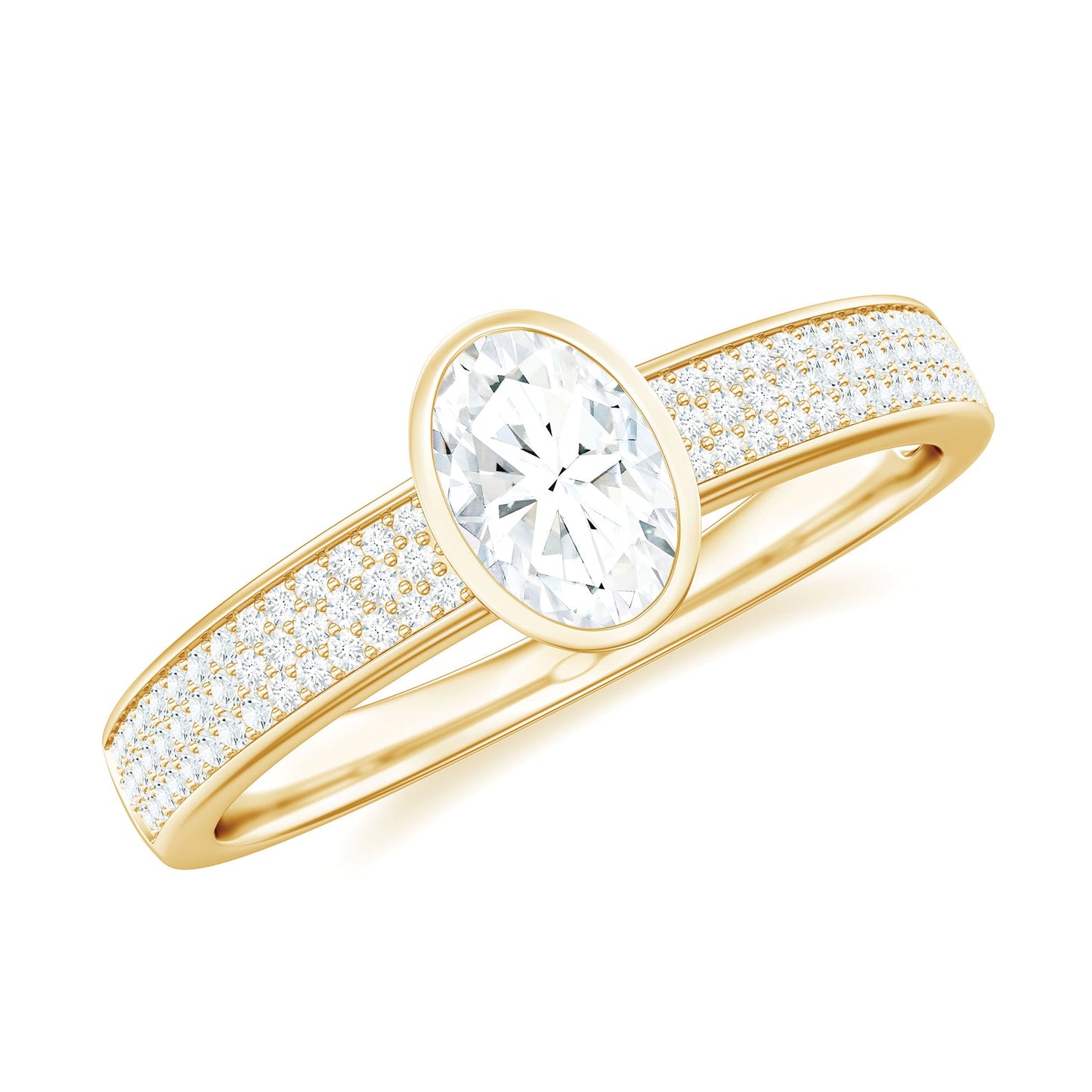 Oval Cut Moissanite Side Stone Engagement Ring in Bezel Setting