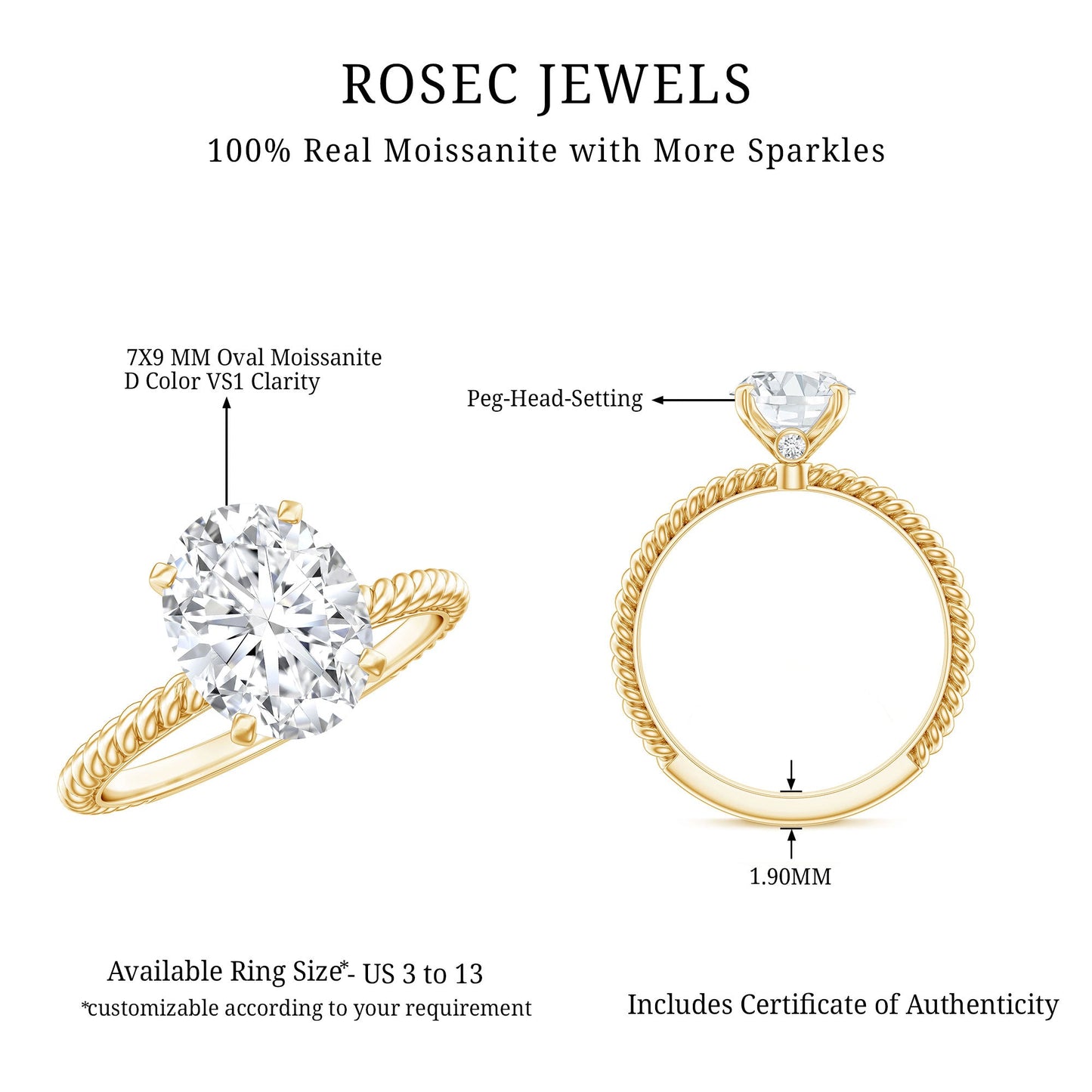 Oval Shape Moissanite Solitaire Engagement Ring with Twisted Rope