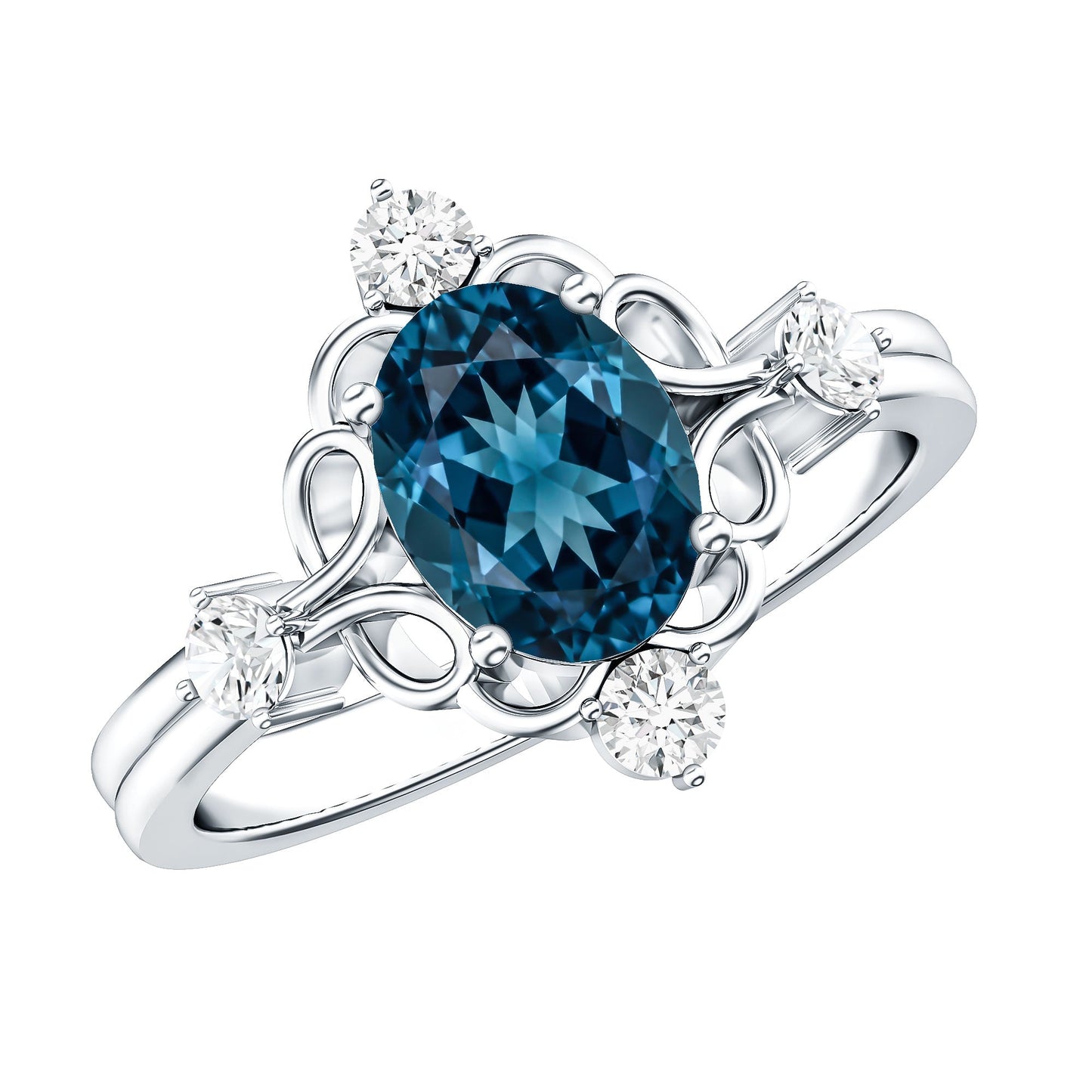 Art Deco Inspired Blue Topaz Oval Engagement Ring with Diamond